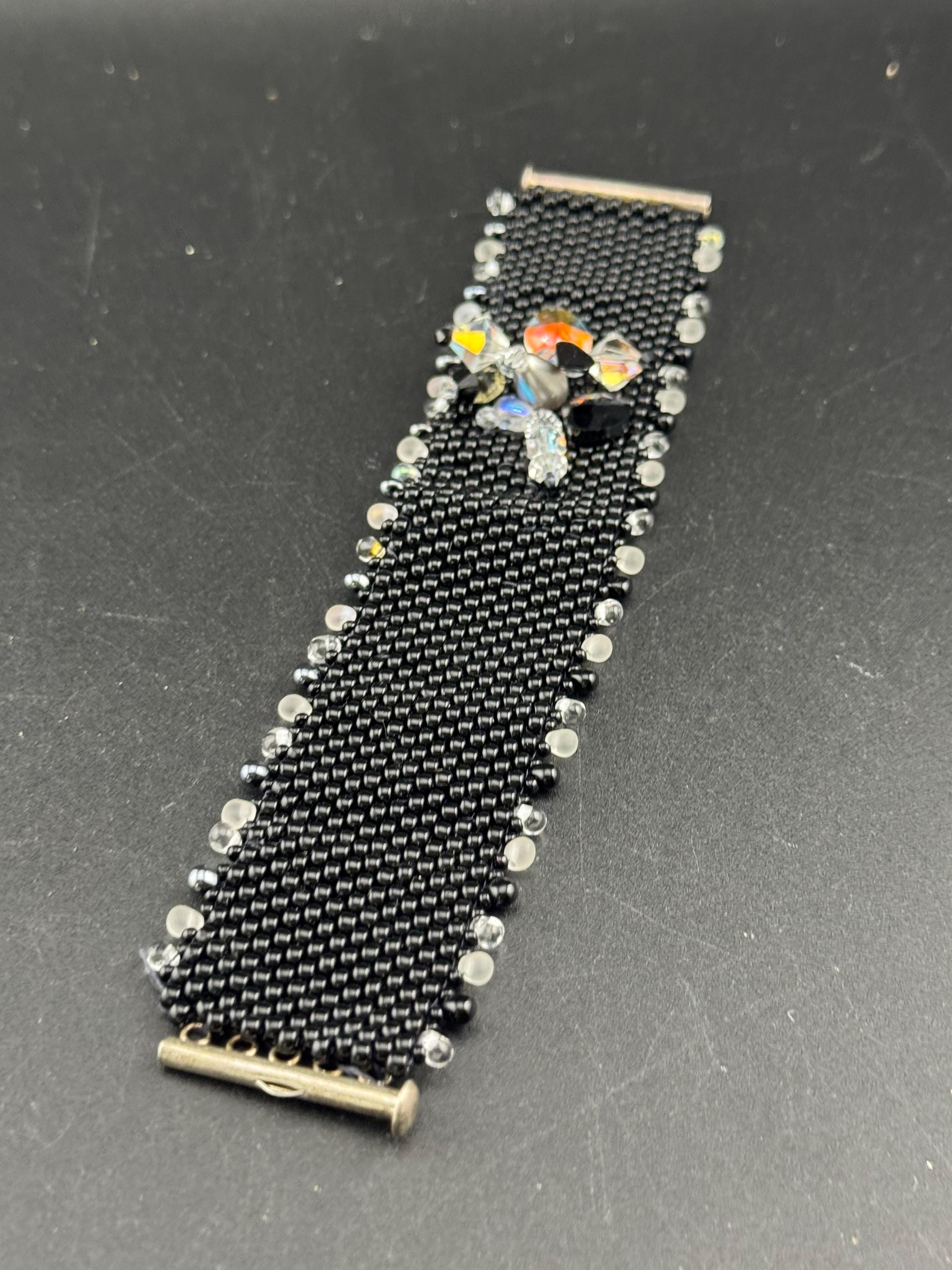 Vintage wide black seed bead woven bracelet set with Aurora borealis beads