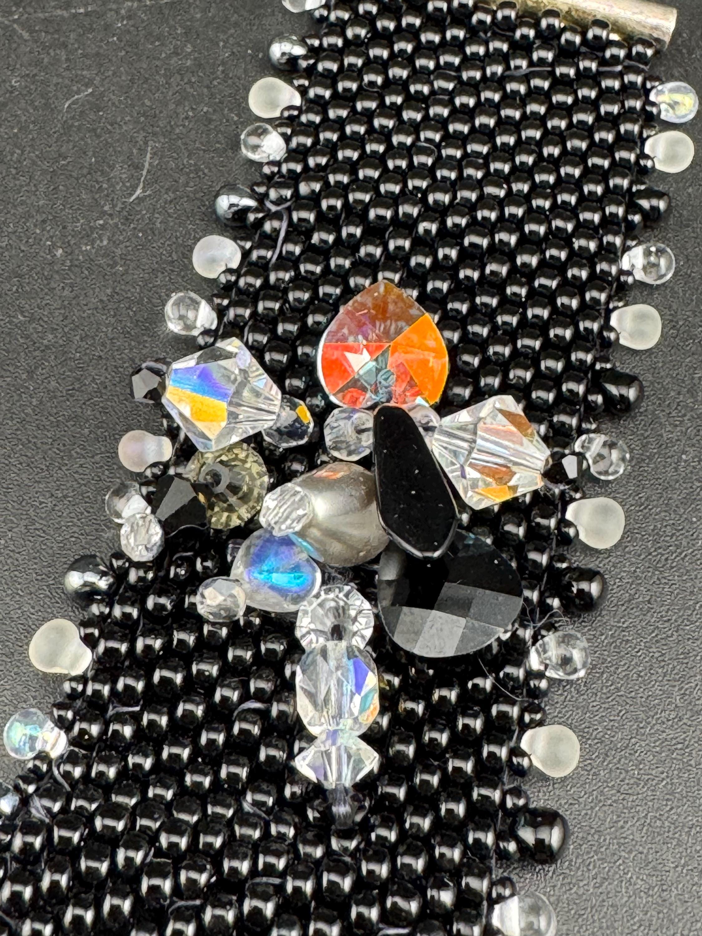 Vintage wide black seed bead woven bracelet set with Aurora borealis beads