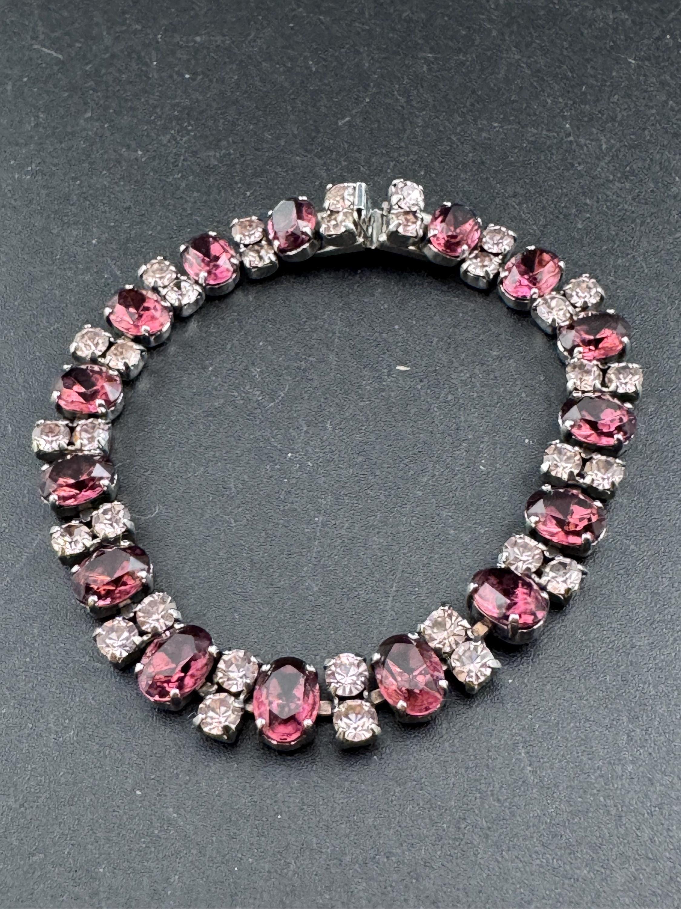 Vintage faux amethyst and clear rhinestone cocktail bracelet 19cm