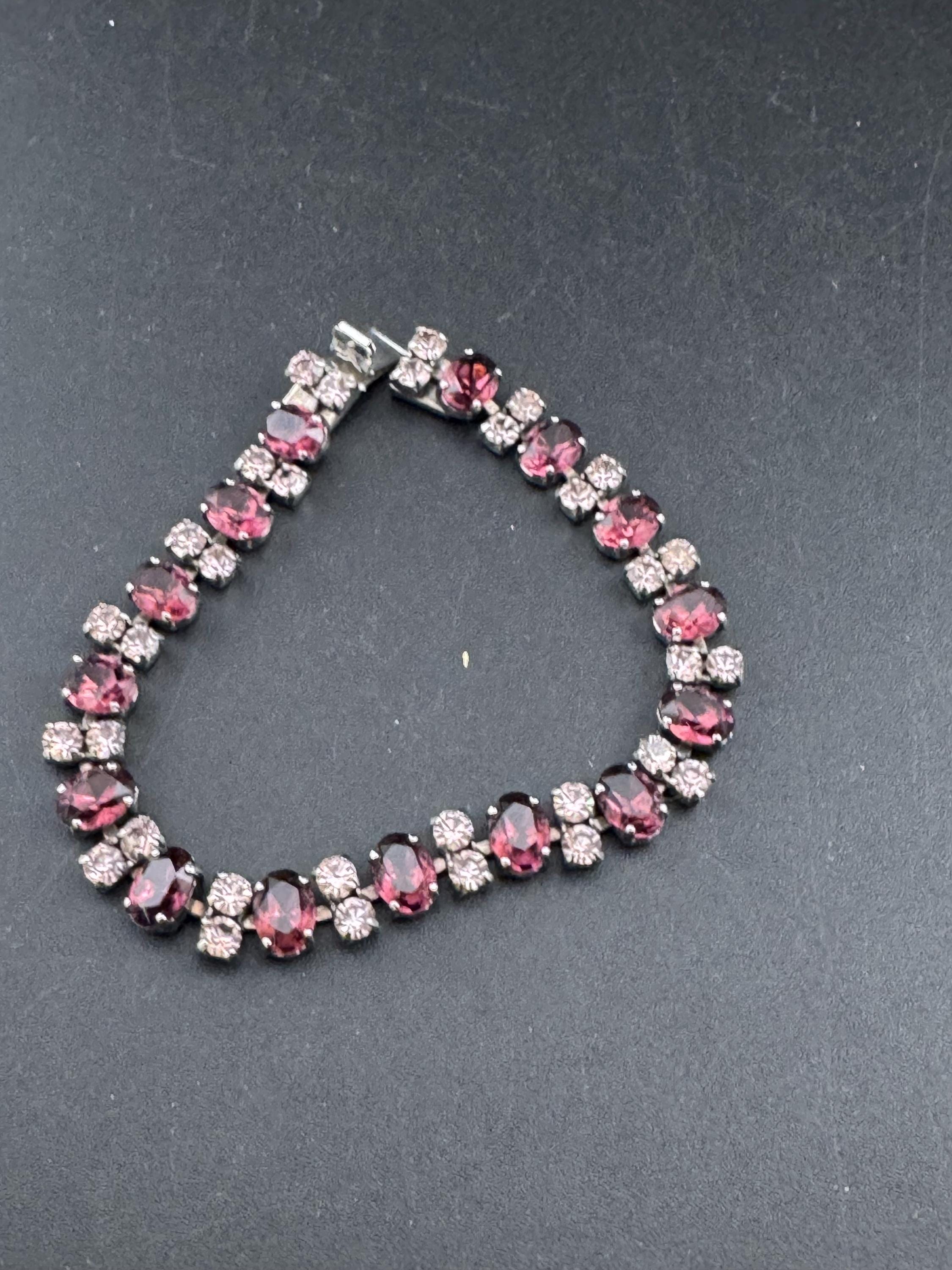 Vintage faux amethyst and clear rhinestone cocktail bracelet 19cm