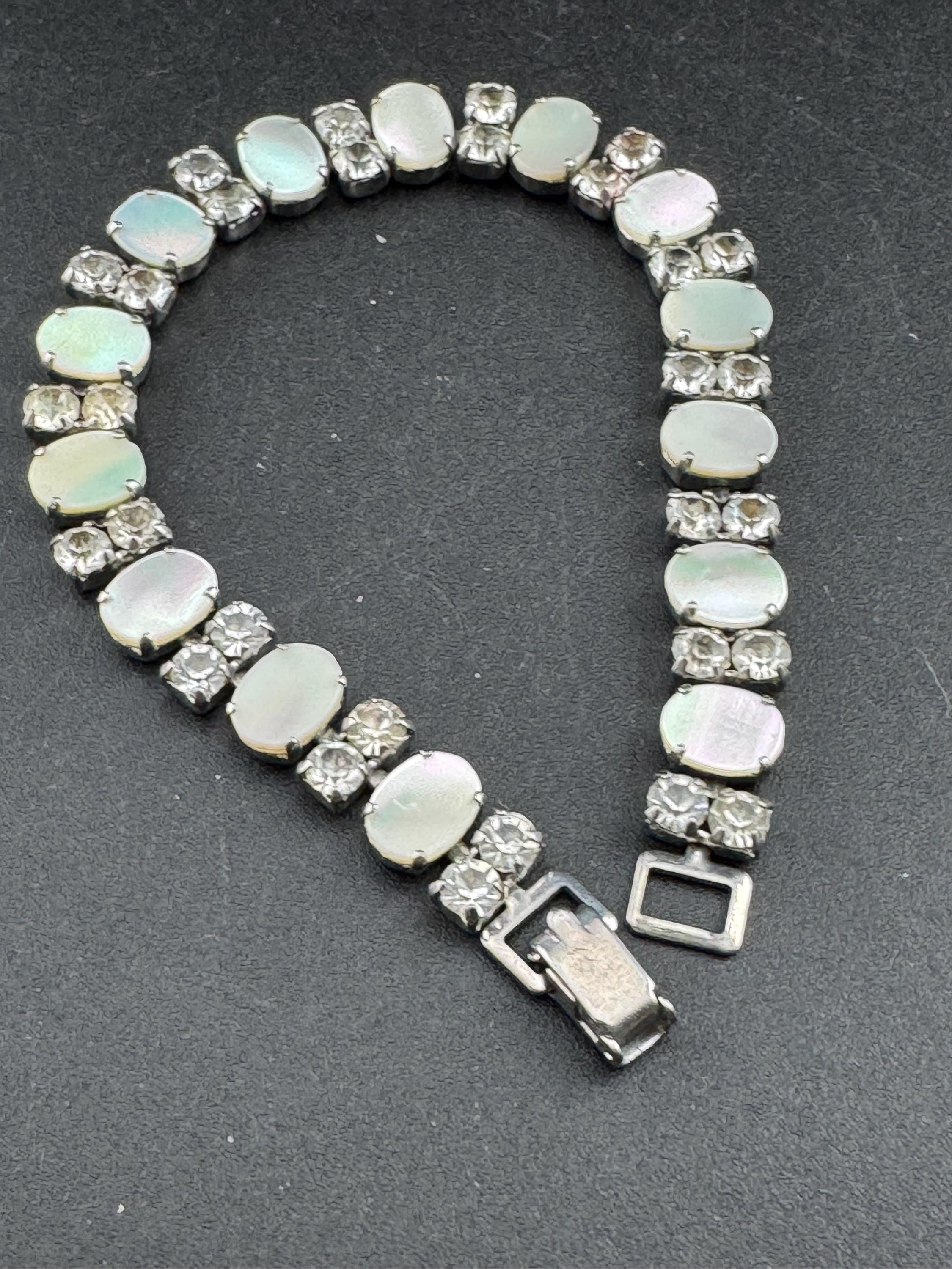 MOP Mother of pearl silver tone chrome panel link diamanté bracelet