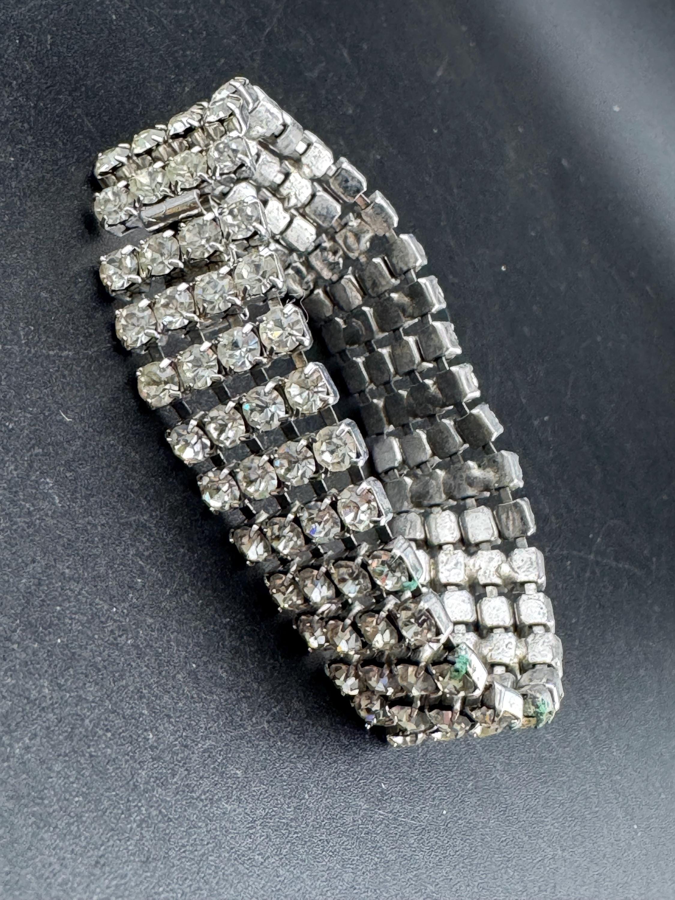 Vintage wide 4 row silver clear diamanté crystal cocktail tennis bracelet