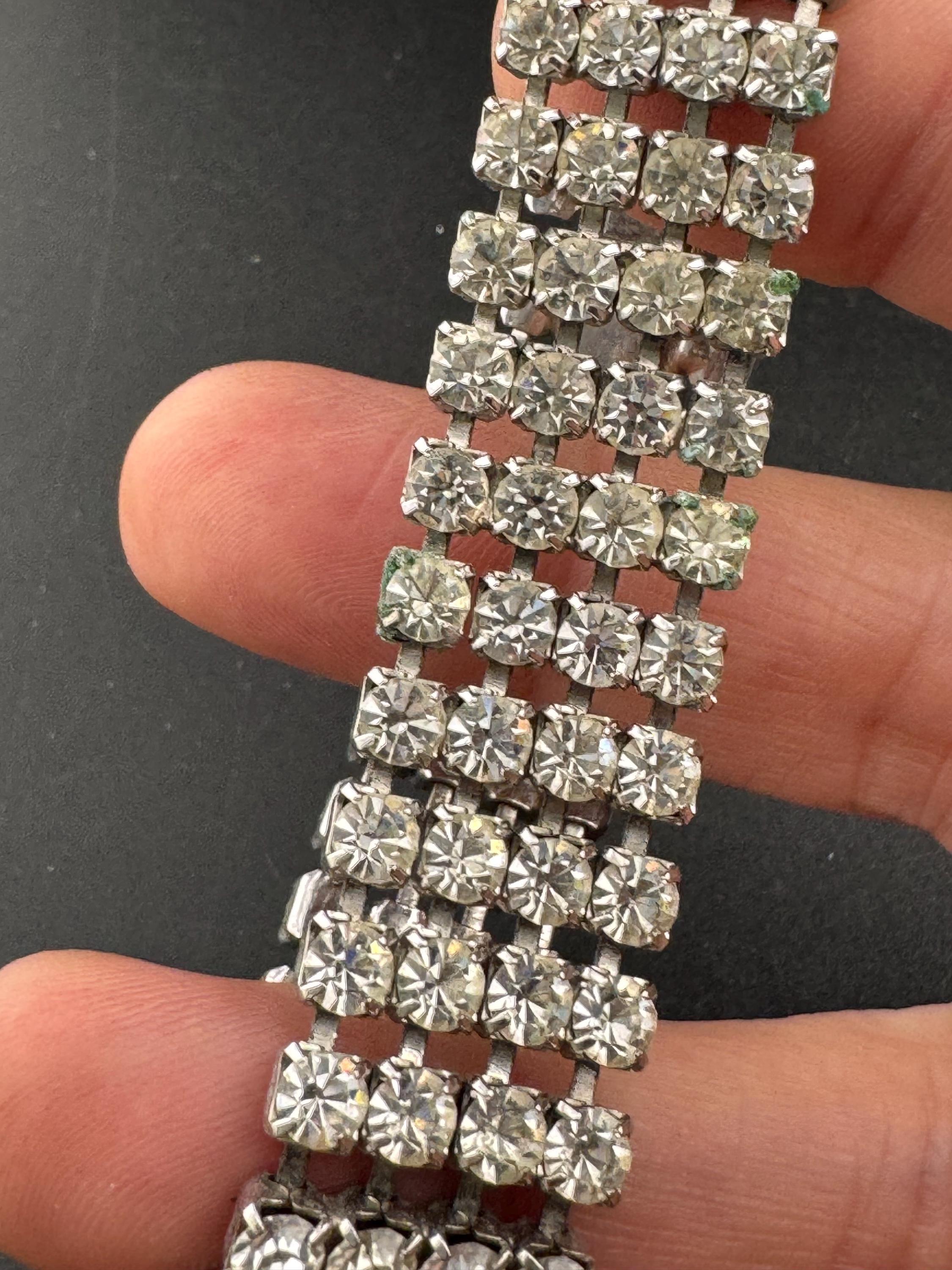 Vintage wide 4 row silver clear diamanté crystal cocktail tennis bracelet