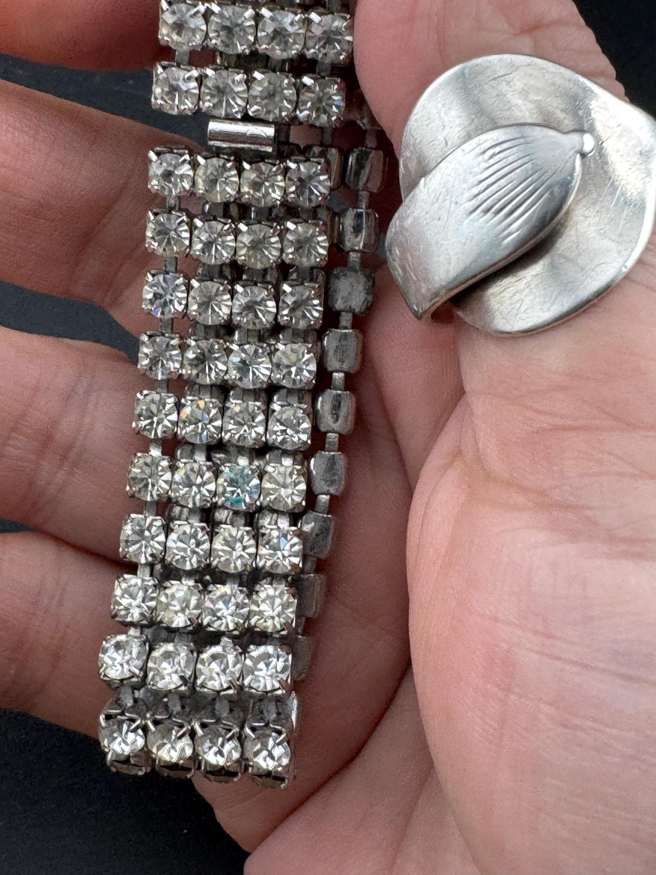 Vintage wide 4 row silver clear diamanté crystal cocktail tennis bracelet