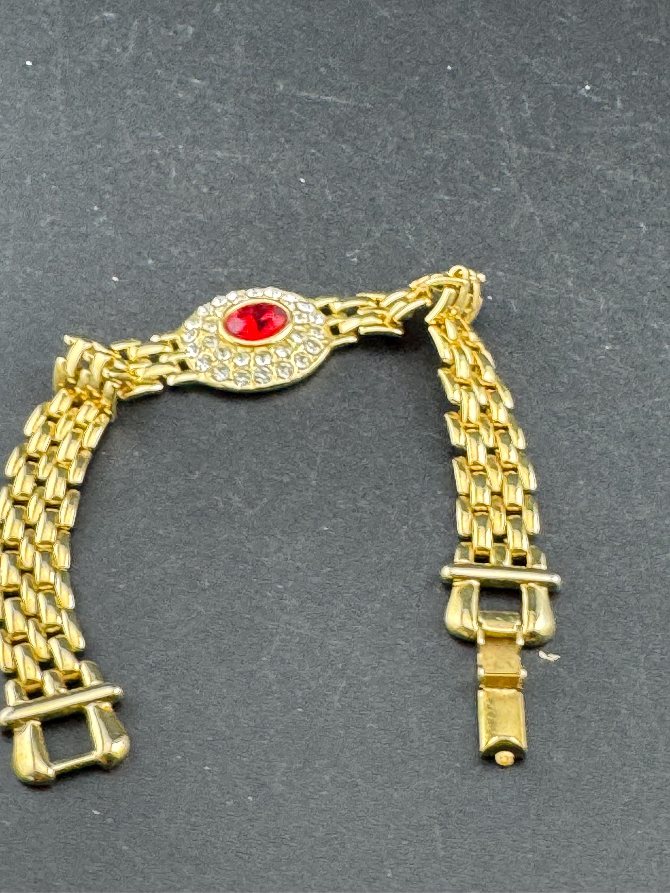 Vintage gold panther link ruby red crystal cocktail bracelet