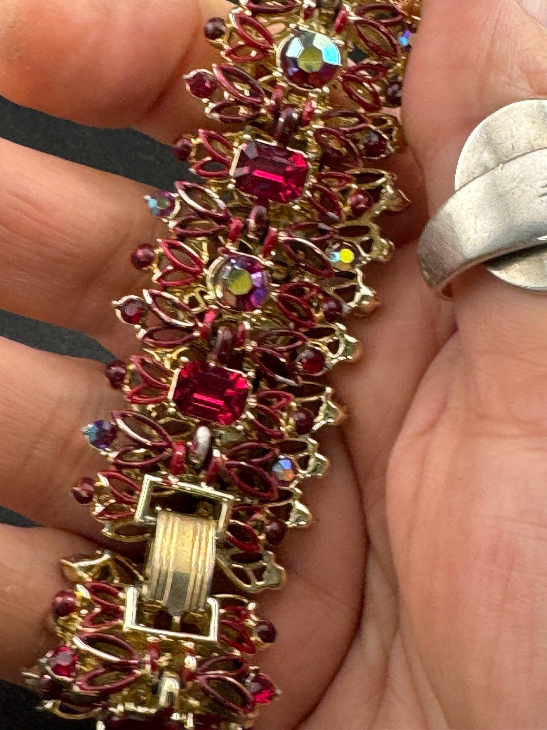 Signed Jewelcraft Vintage gold tone wide ruby red diamanté bracelet