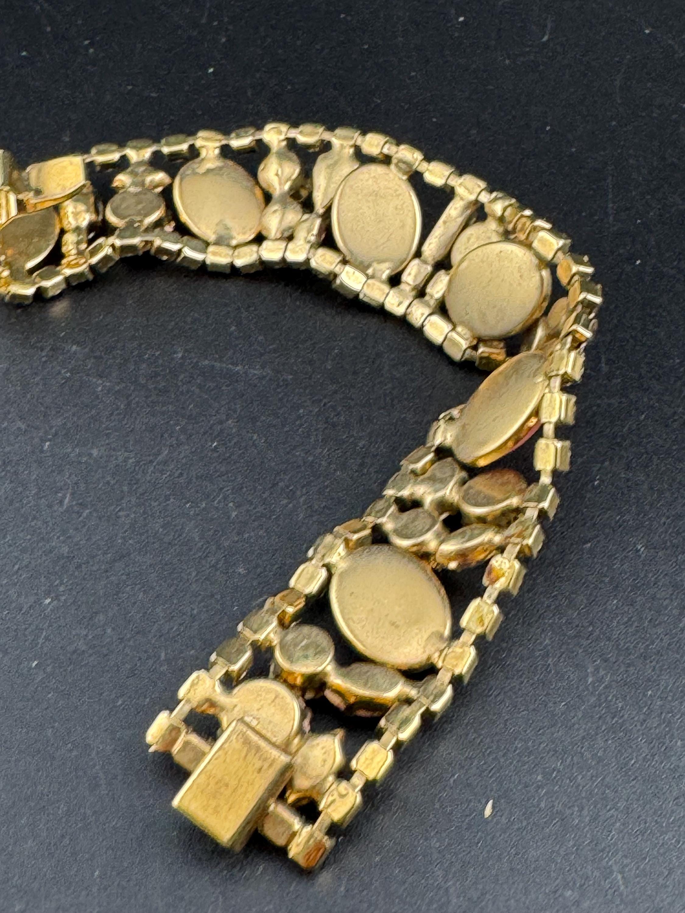 Vintage Pink diamanté cats eye cabocho gold tone cocktail bracelet 19cm