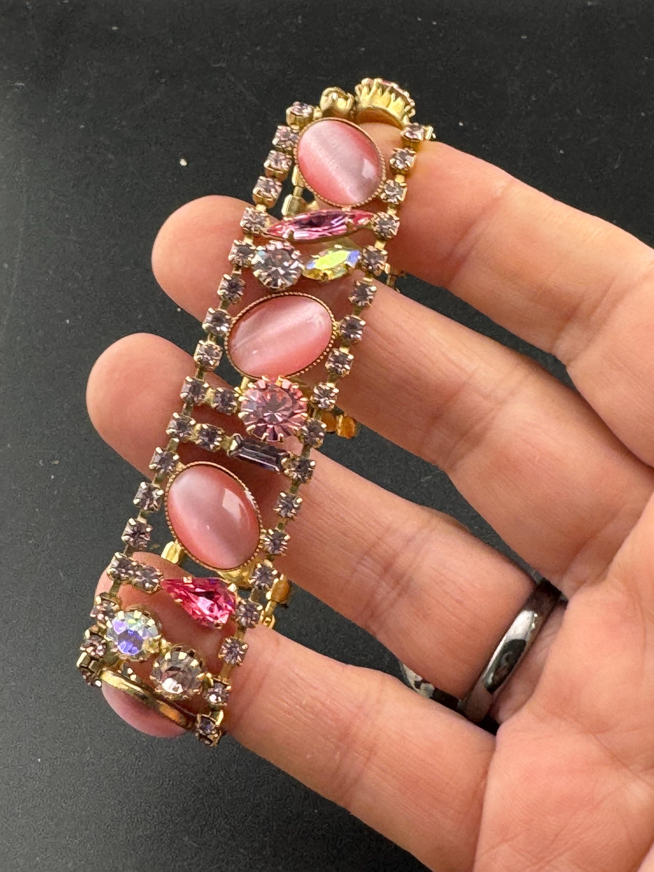 Vintage Pink diamanté cats eye cabocho gold tone cocktail bracelet 19cm
