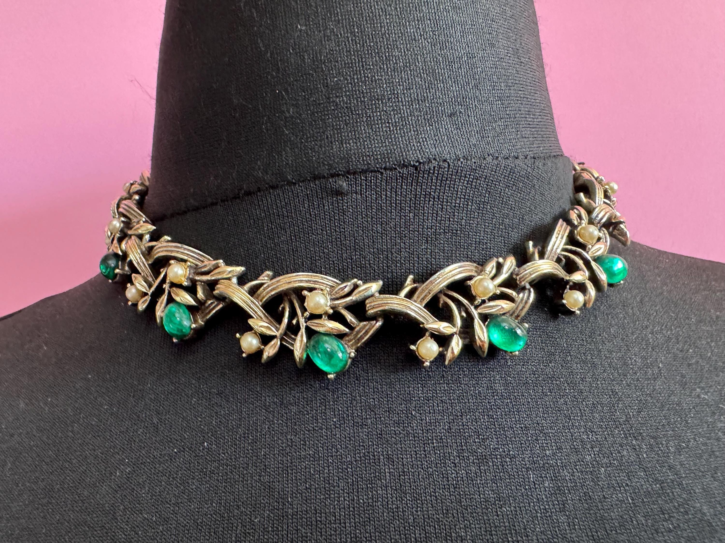 Vintage garnet seed pearl choker necklace, light gold tone with ruby red Rhinestones