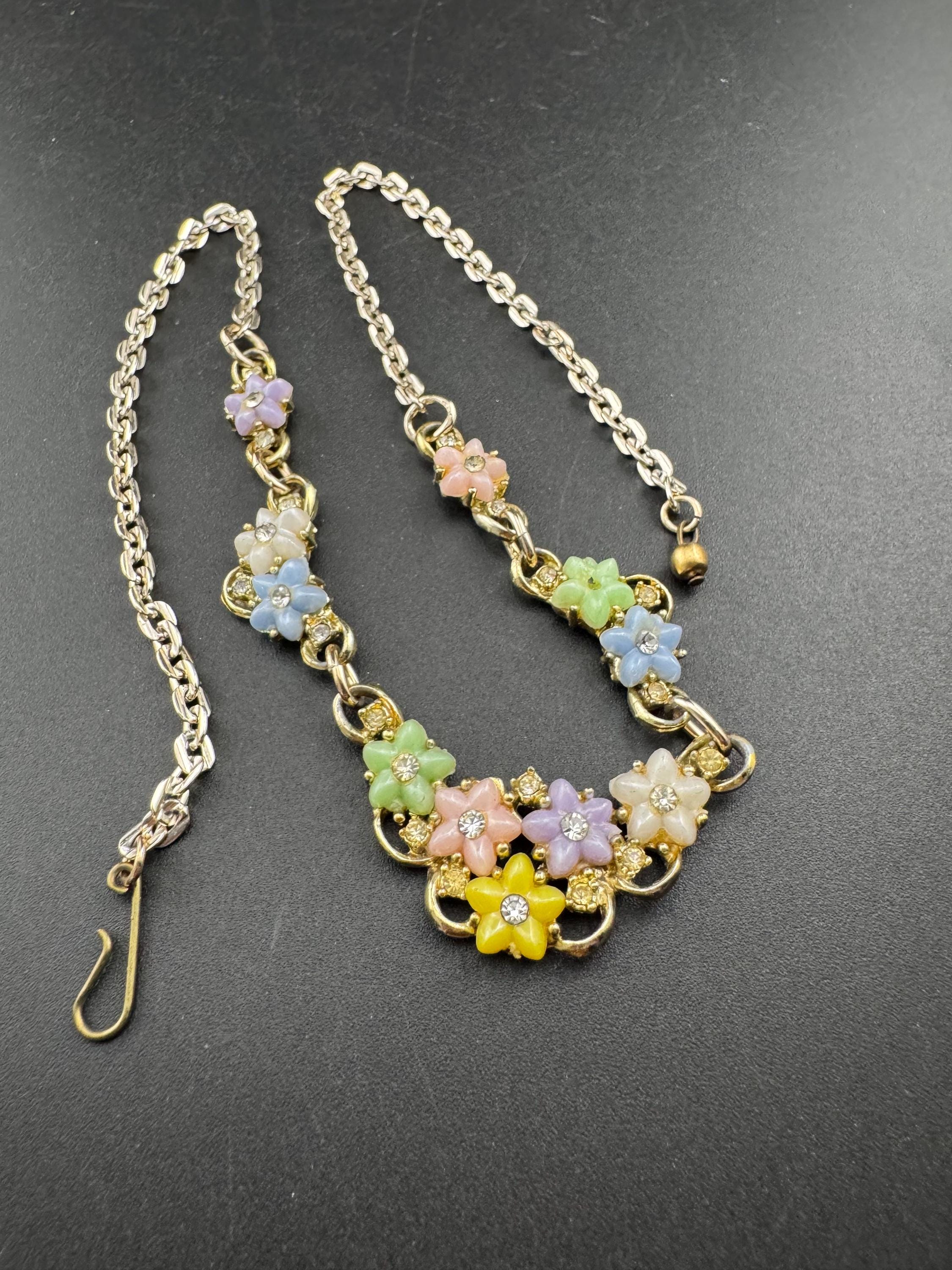 Vintage pastel flower choker necklace, light gold tone with AB Rhinestones
