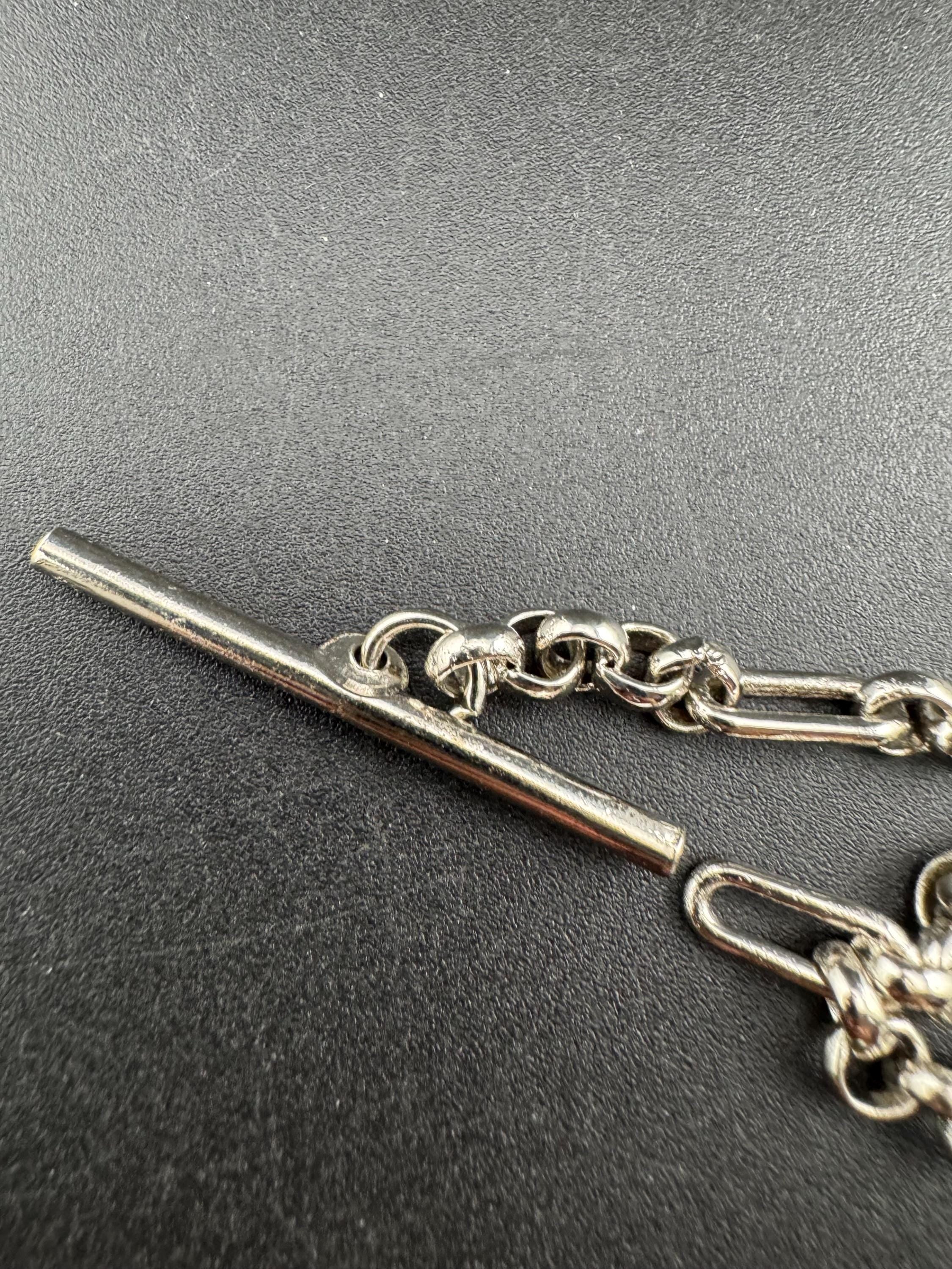 Art Deco long Tbar Pocket Watch Chain: Silver Metal machine age, 38.5cm