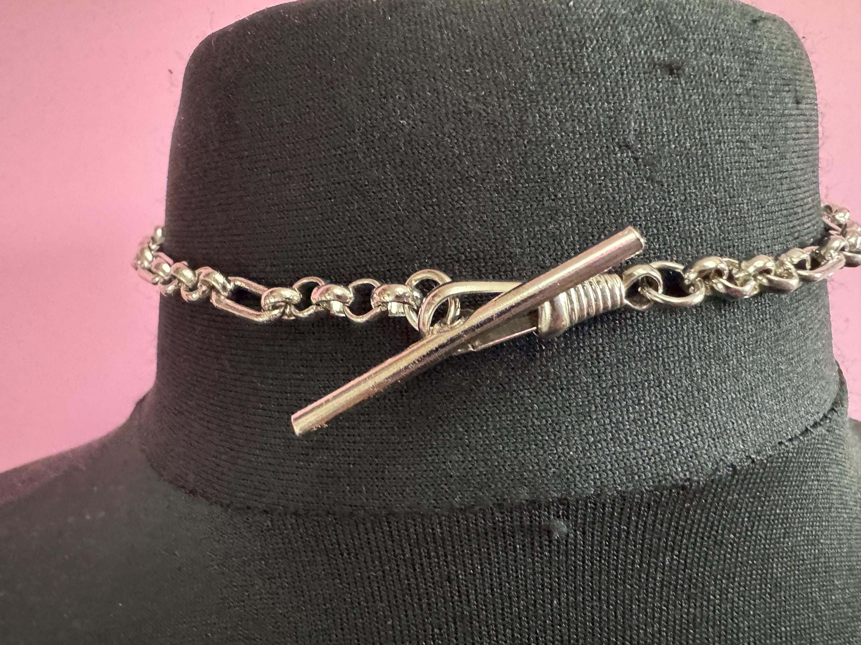 Art Deco long Tbar Pocket Watch Chain: Silver Metal machine age, 38.5cm