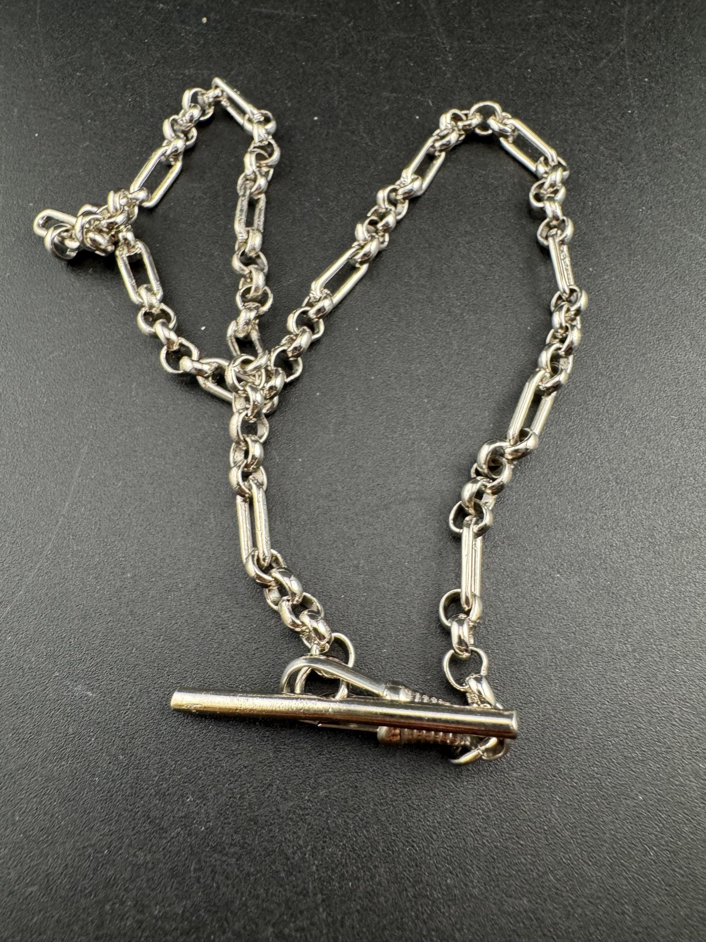 Art Deco long Tbar Pocket Watch Chain: Silver Metal machine age, 38.5cm