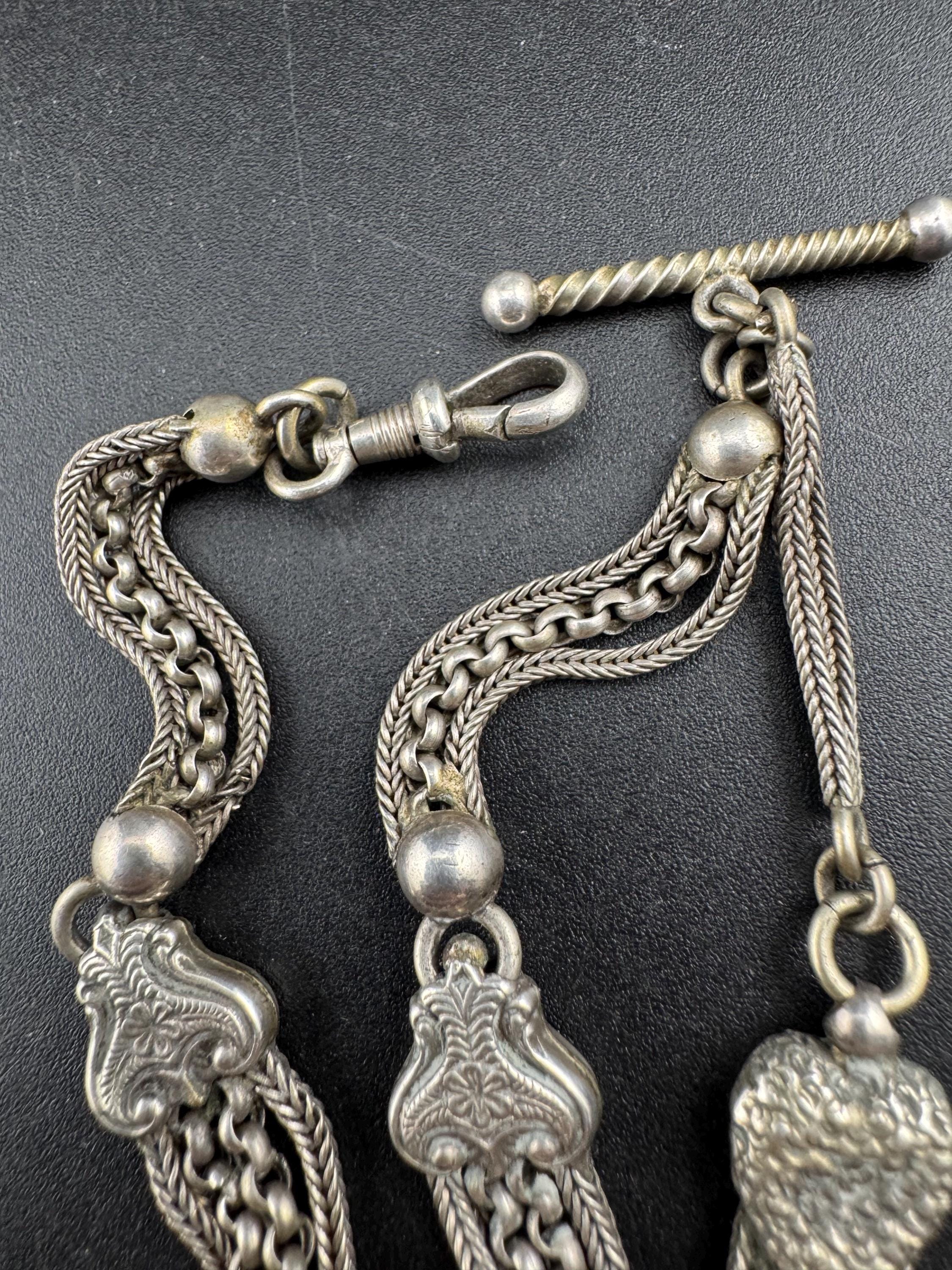 antique solid silver Victorian Albertina pocket watch chain, with tassel guard clasp 20.5cm