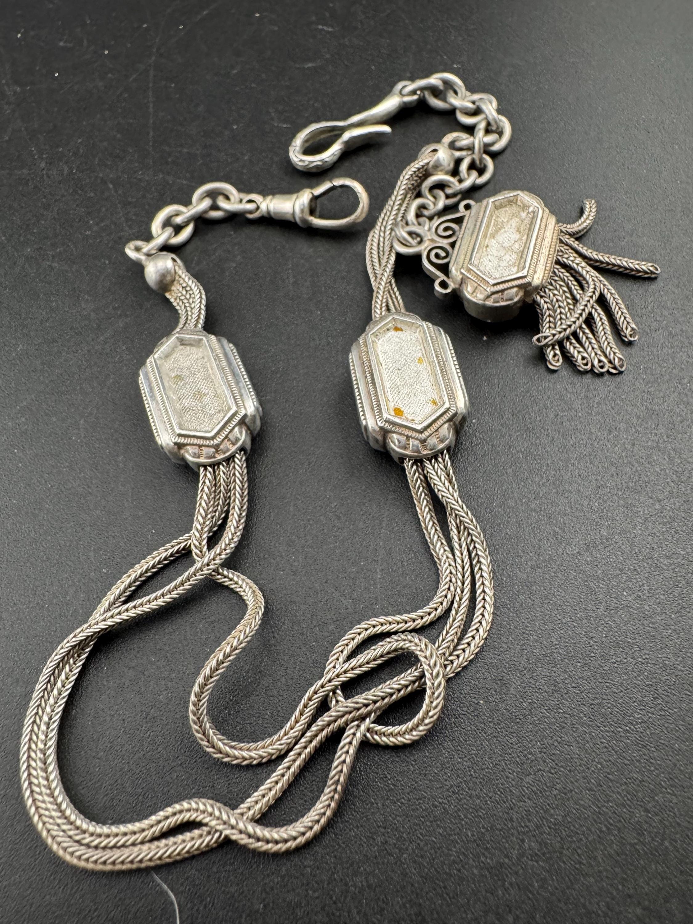 antique solid silver Victorian Albertina pocket watch chain, with tassel hallmarked 31cm