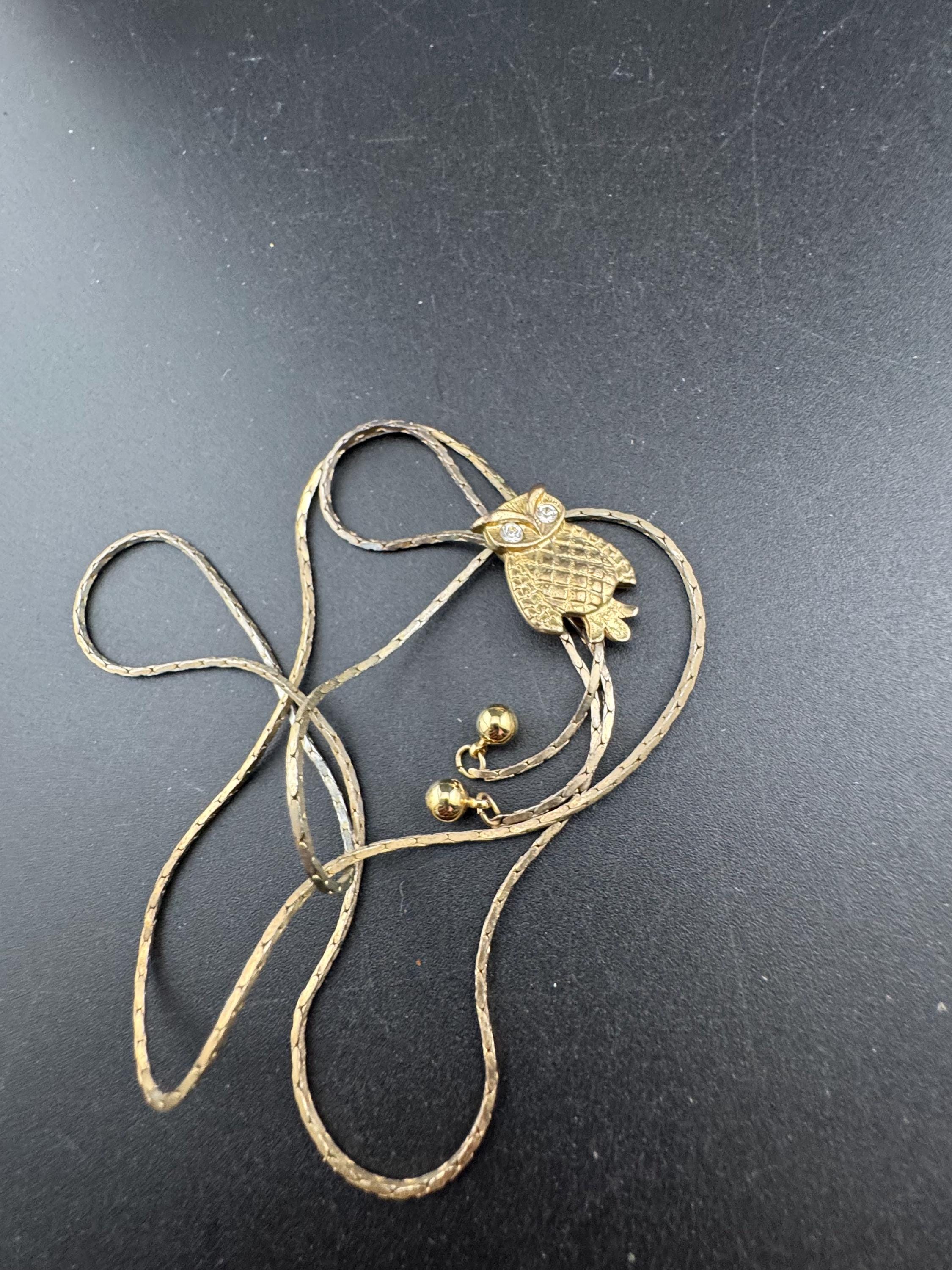 Vintage owl slider bolo necklace, with pat no , gold plated