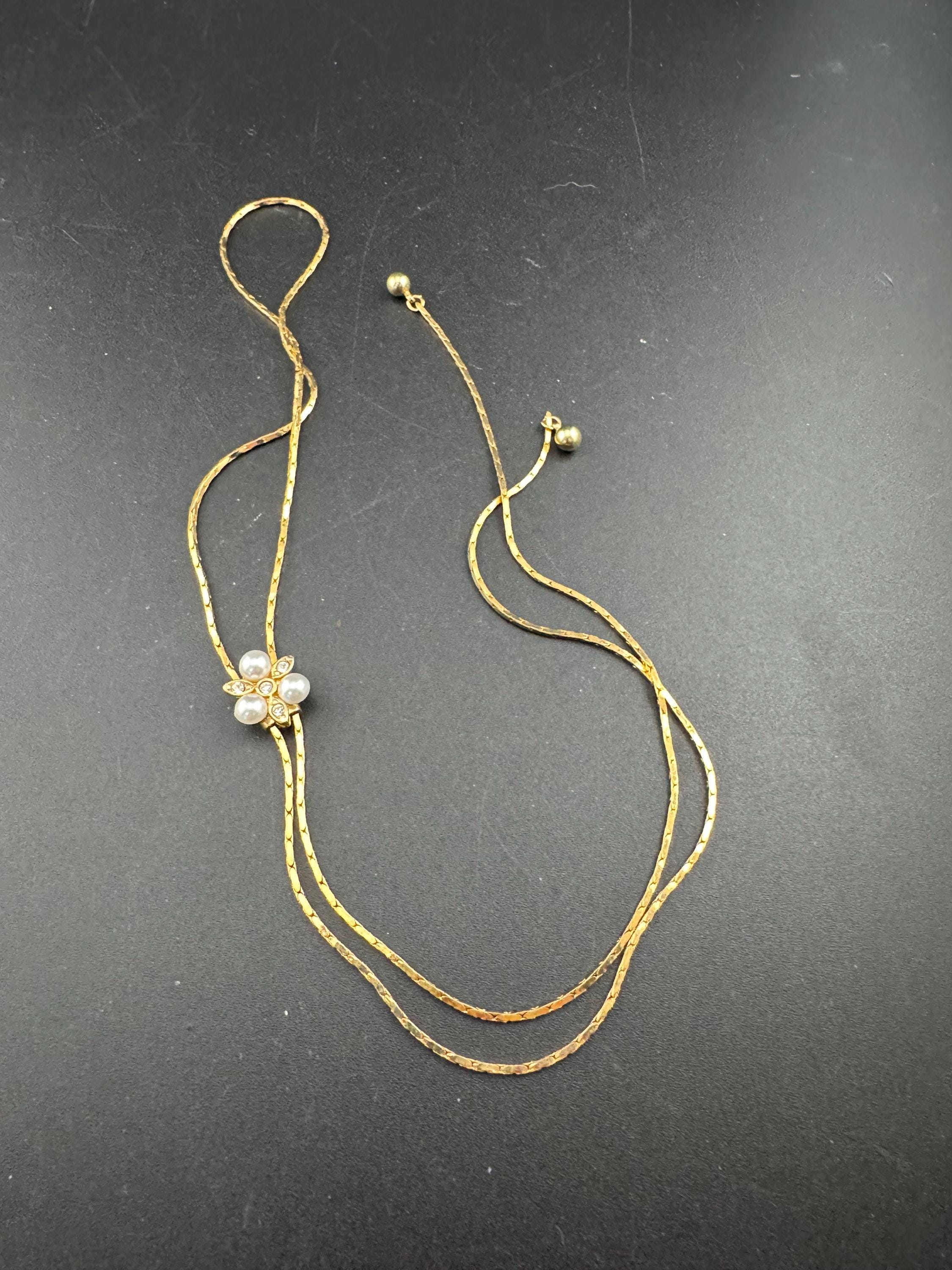 Vintage pearl and crystal slider bolo necklace, with pat no , gold plated