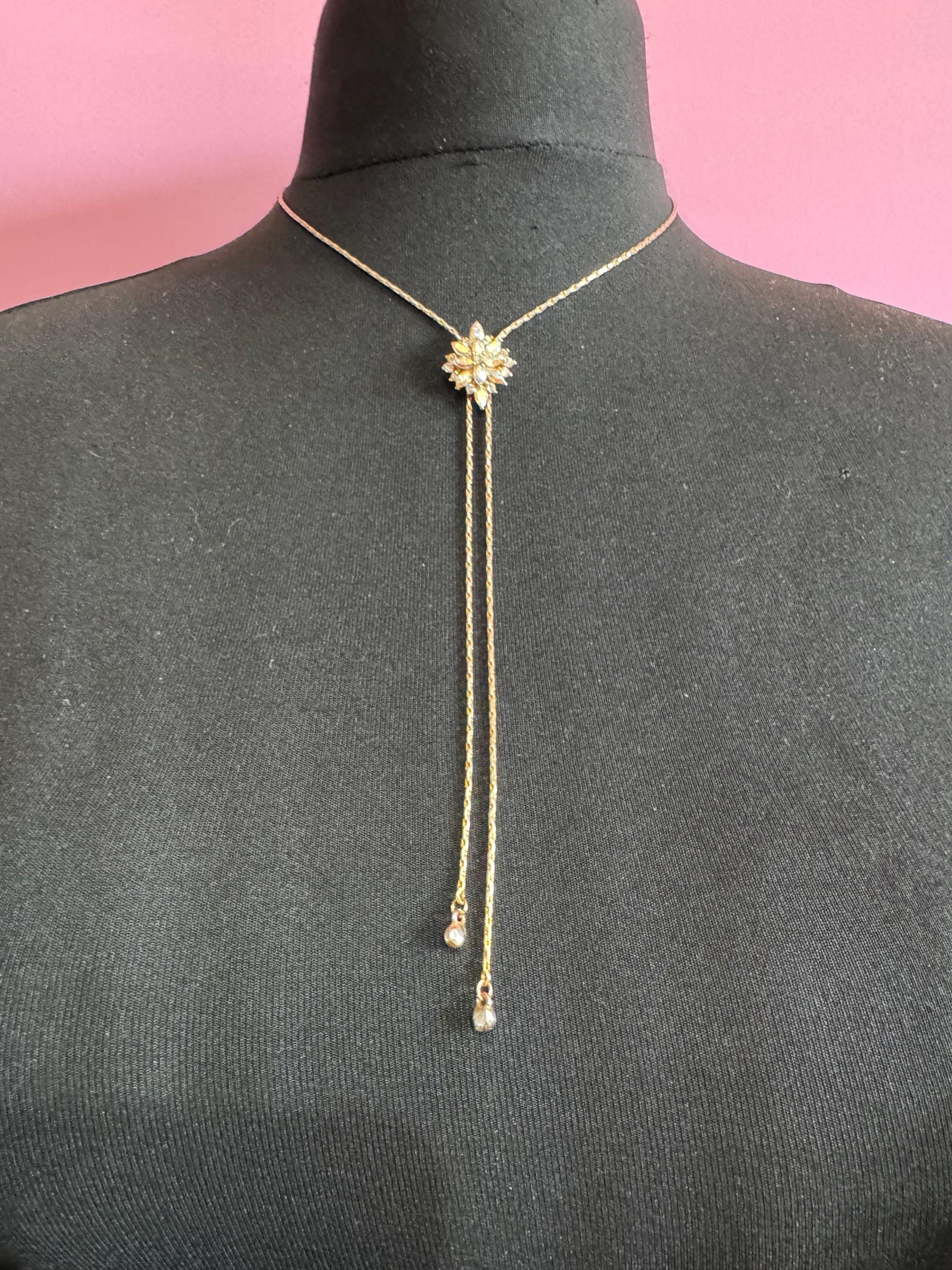 Vintage ab crystal slider bolo necklace, gold plated diamanté