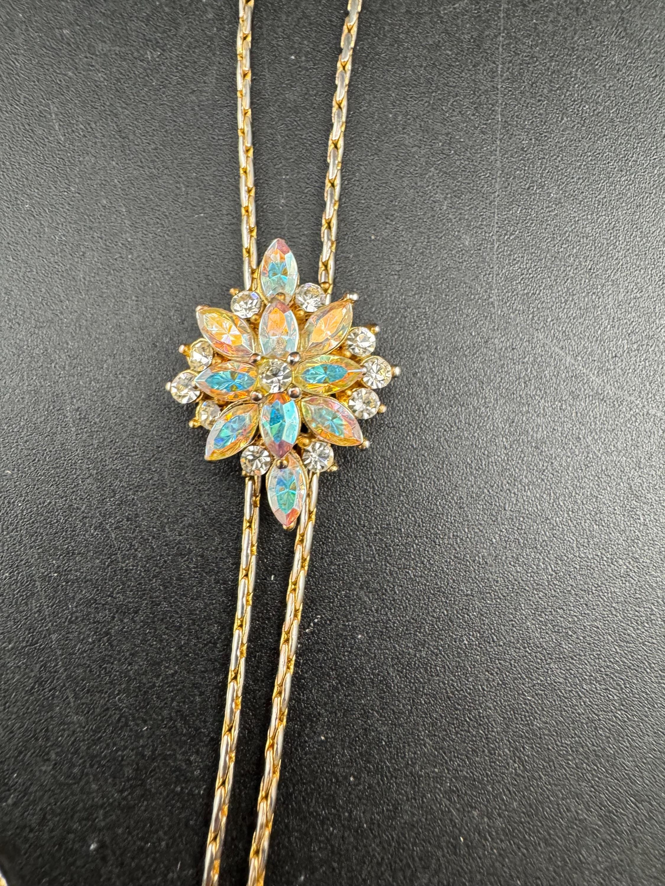 Vintage ab crystal slider bolo necklace, gold plated diamanté