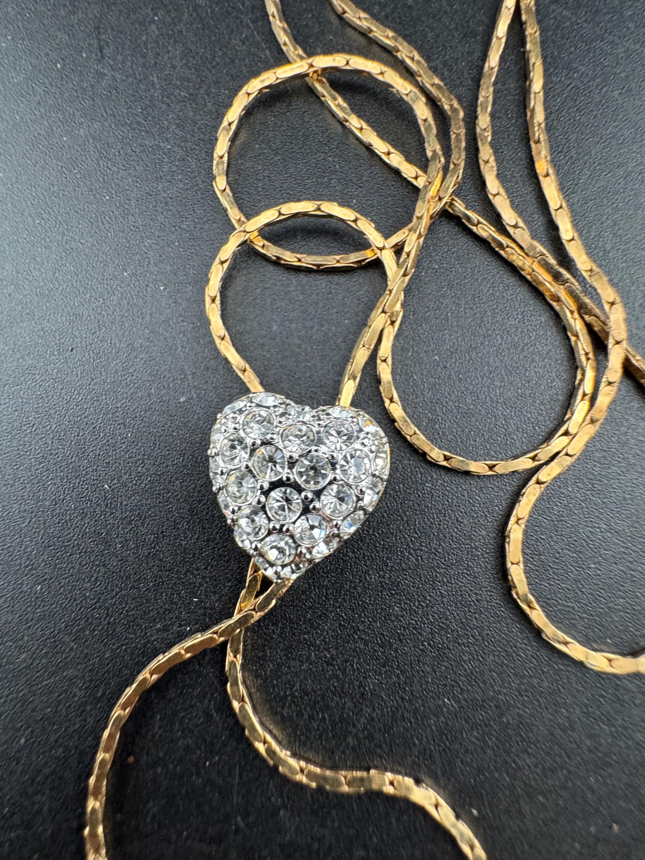 Vintage love heart crystal slider bolo necklace, gold plated diamanté
