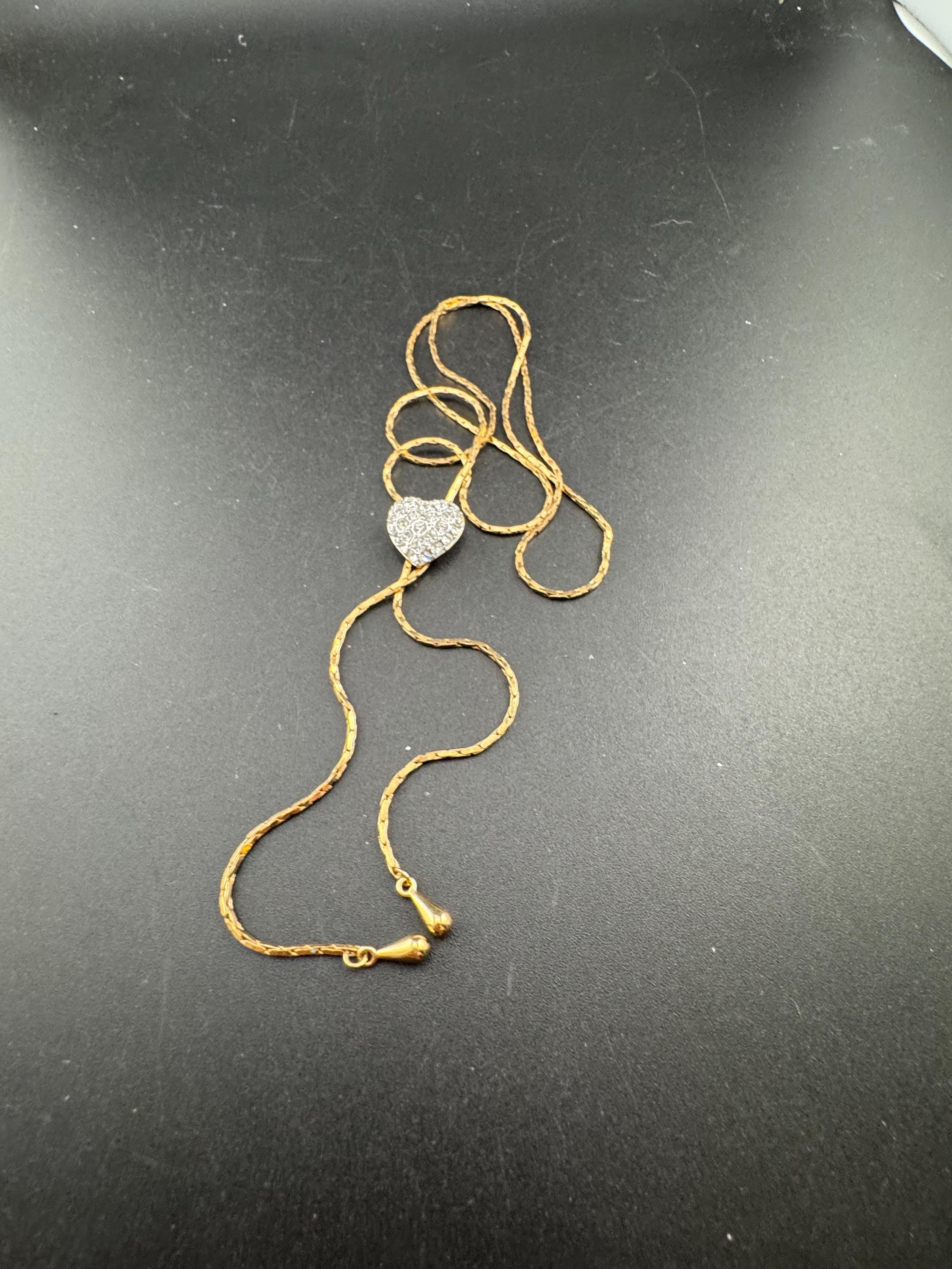 Vintage love heart crystal slider bolo necklace, gold plated diamanté