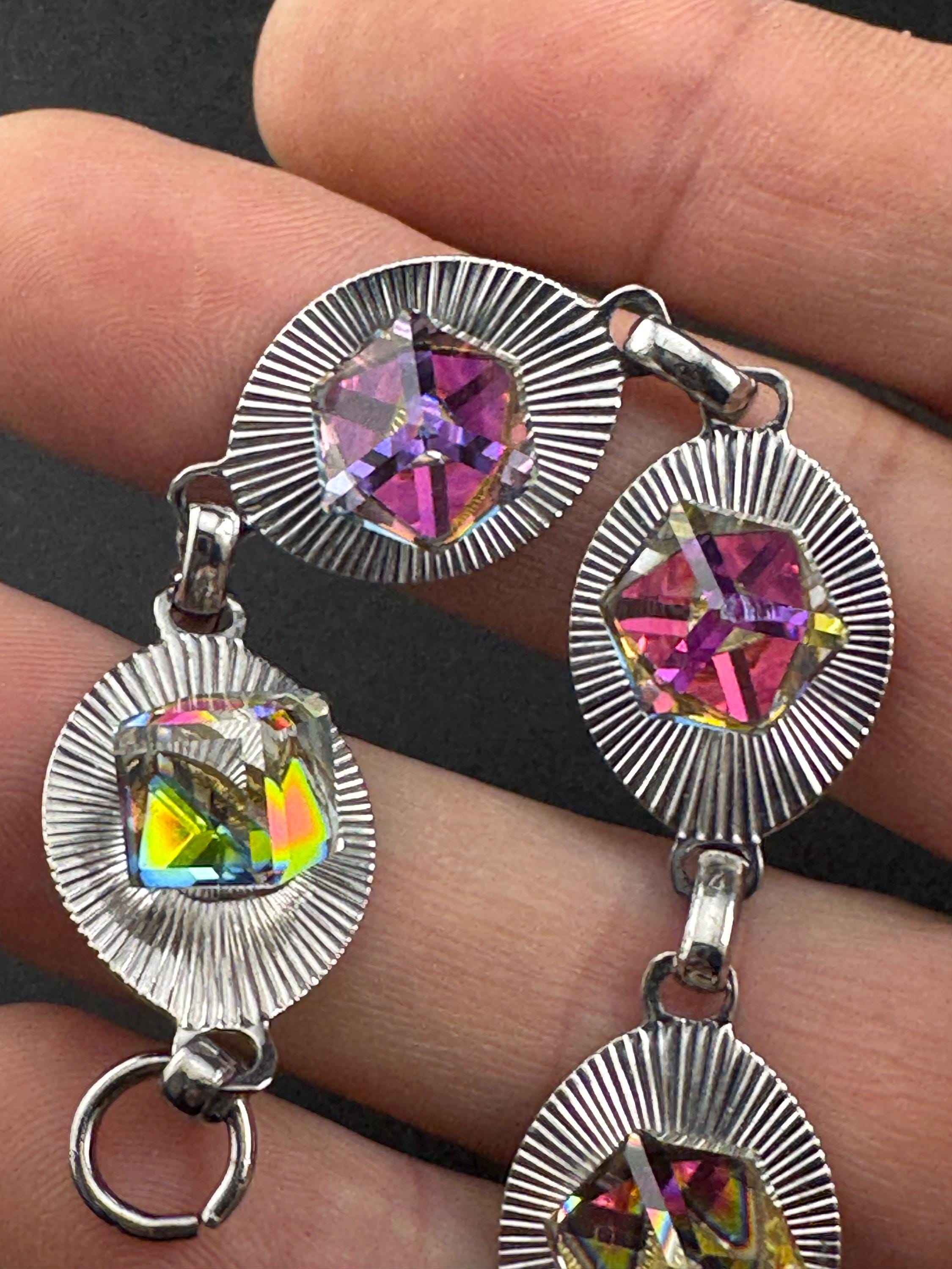 Vintage 1970s stainless steel bracelet , pink yellow glass cube cabochons