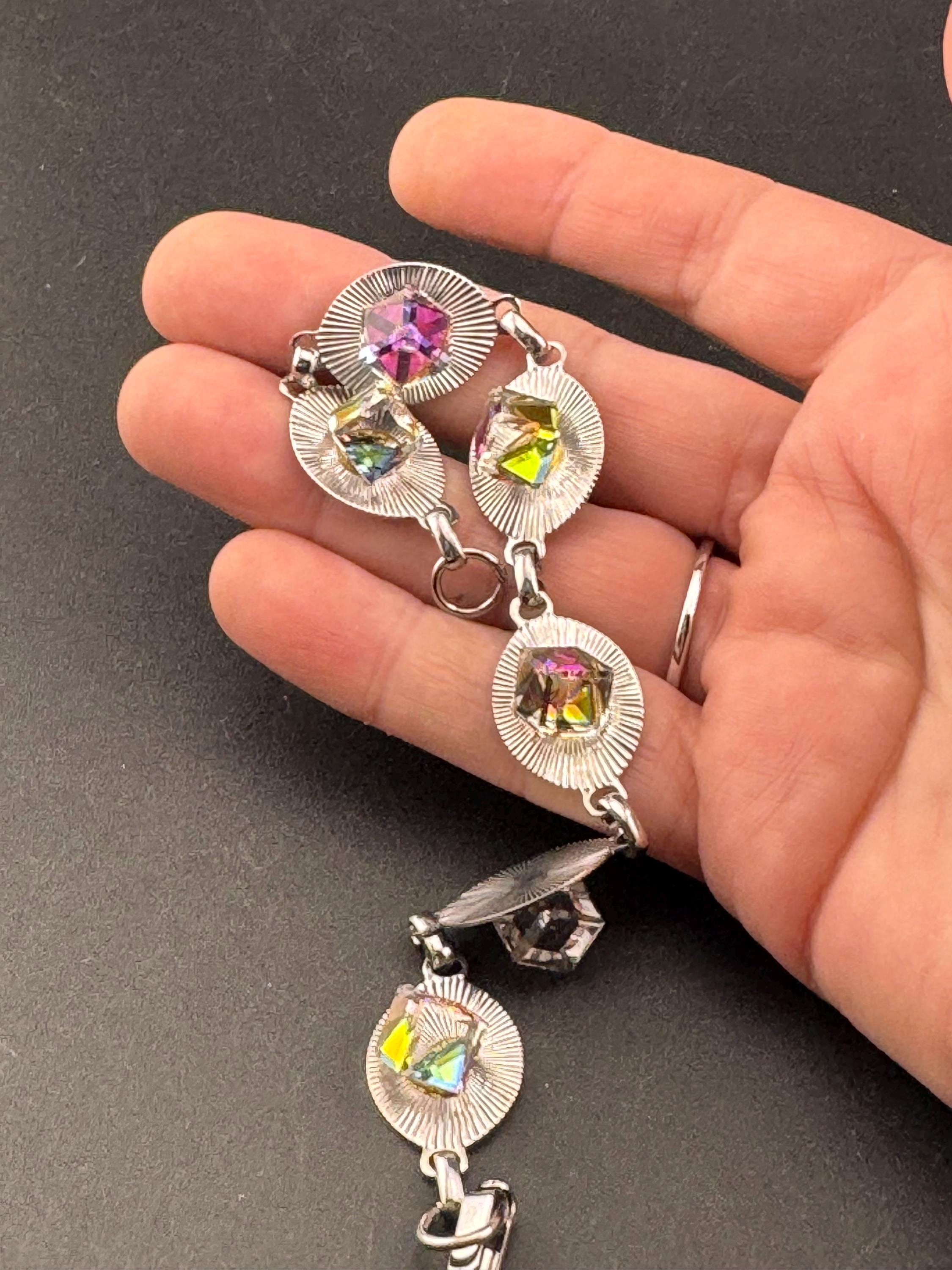 Vintage 1970s stainless steel bracelet , pink yellow glass cube cabochons