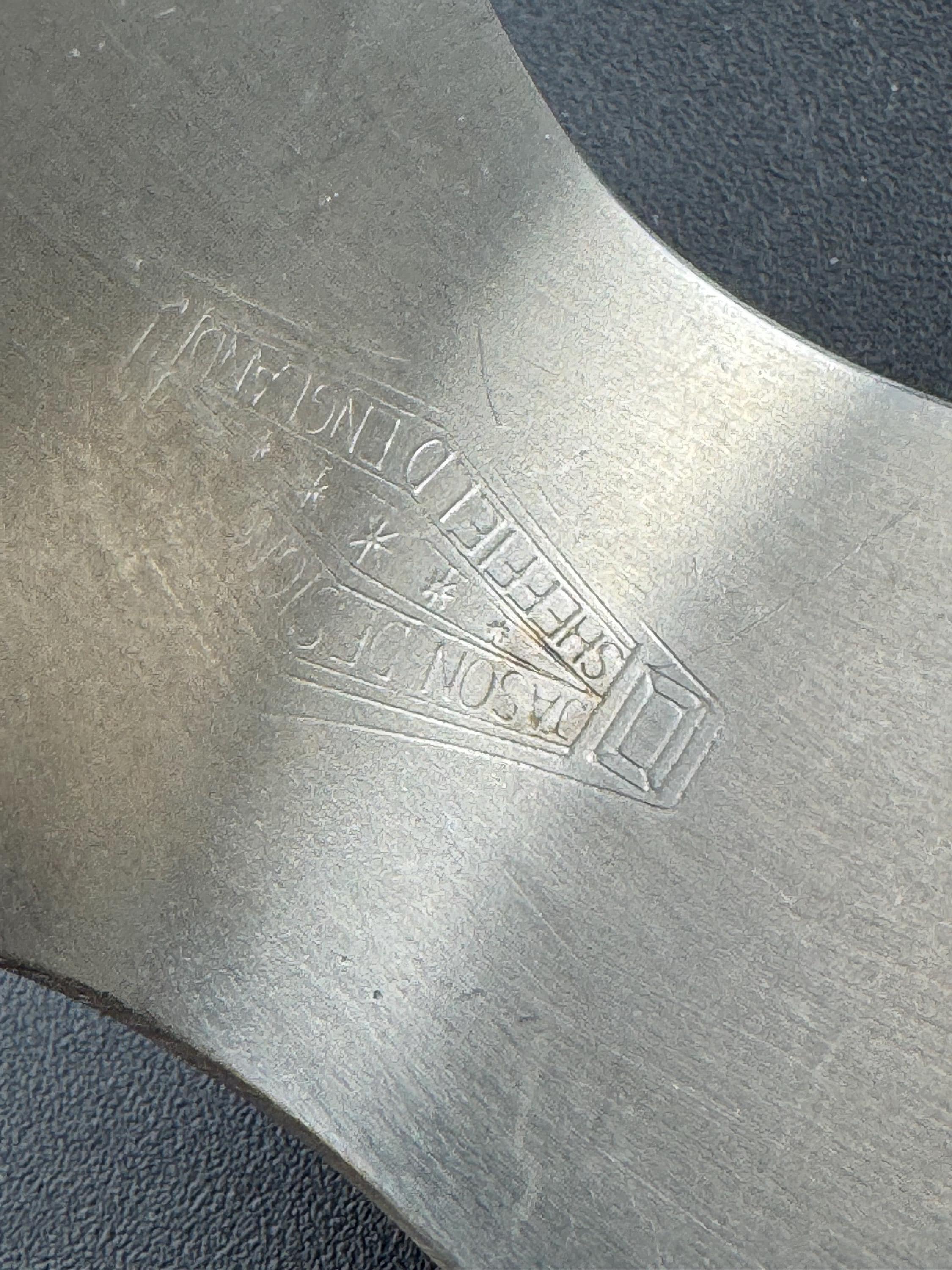 1970s stainless steel wide bangle , Jason designs with central abalone shell cabochon