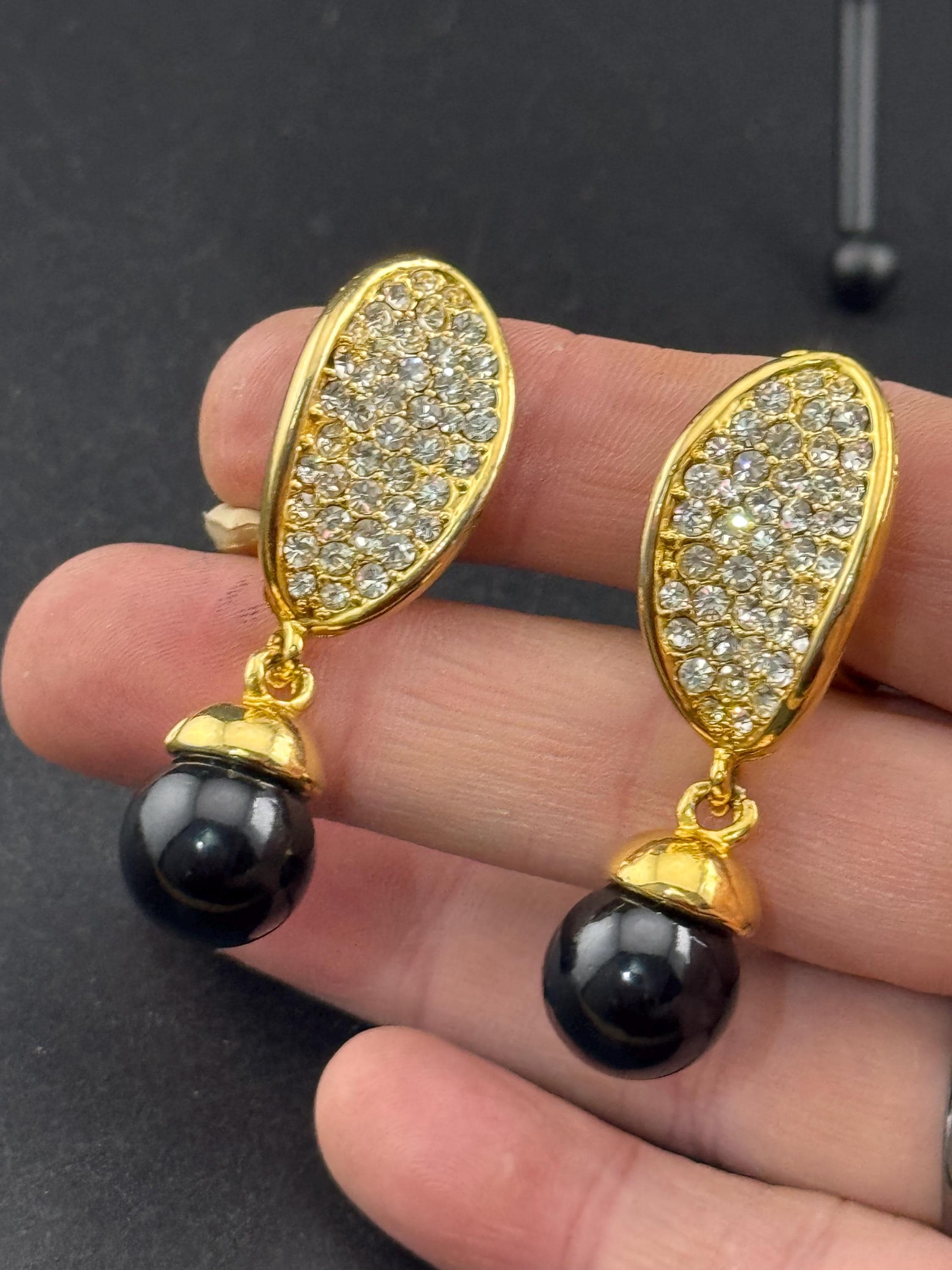 Vintage clear diamanté black ball clip on earrings, dangly drop