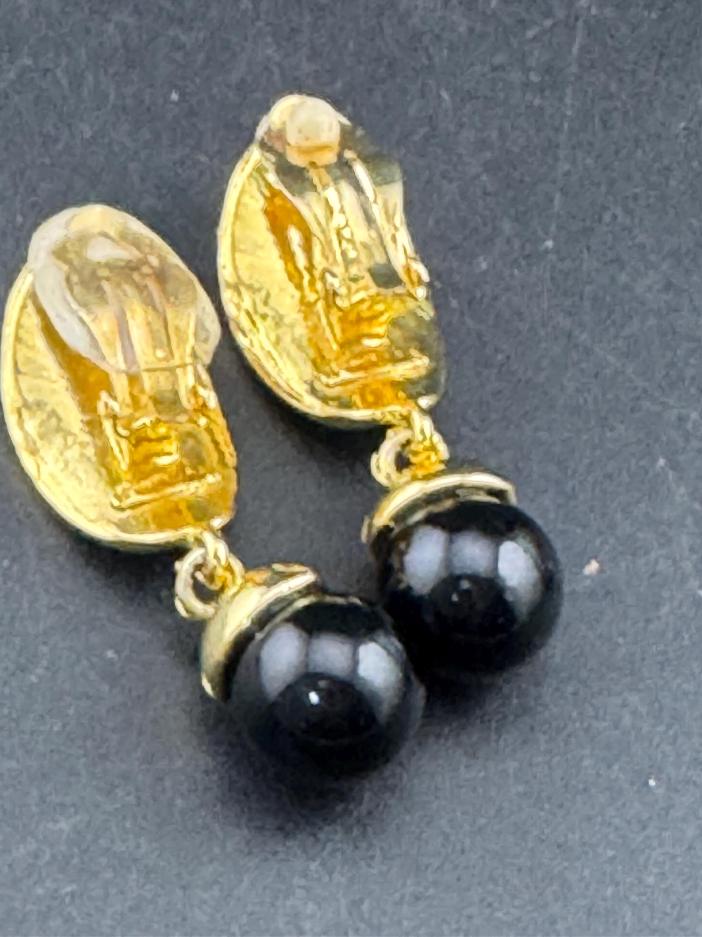 Vintage clear diamanté black ball clip on earrings, dangly drop