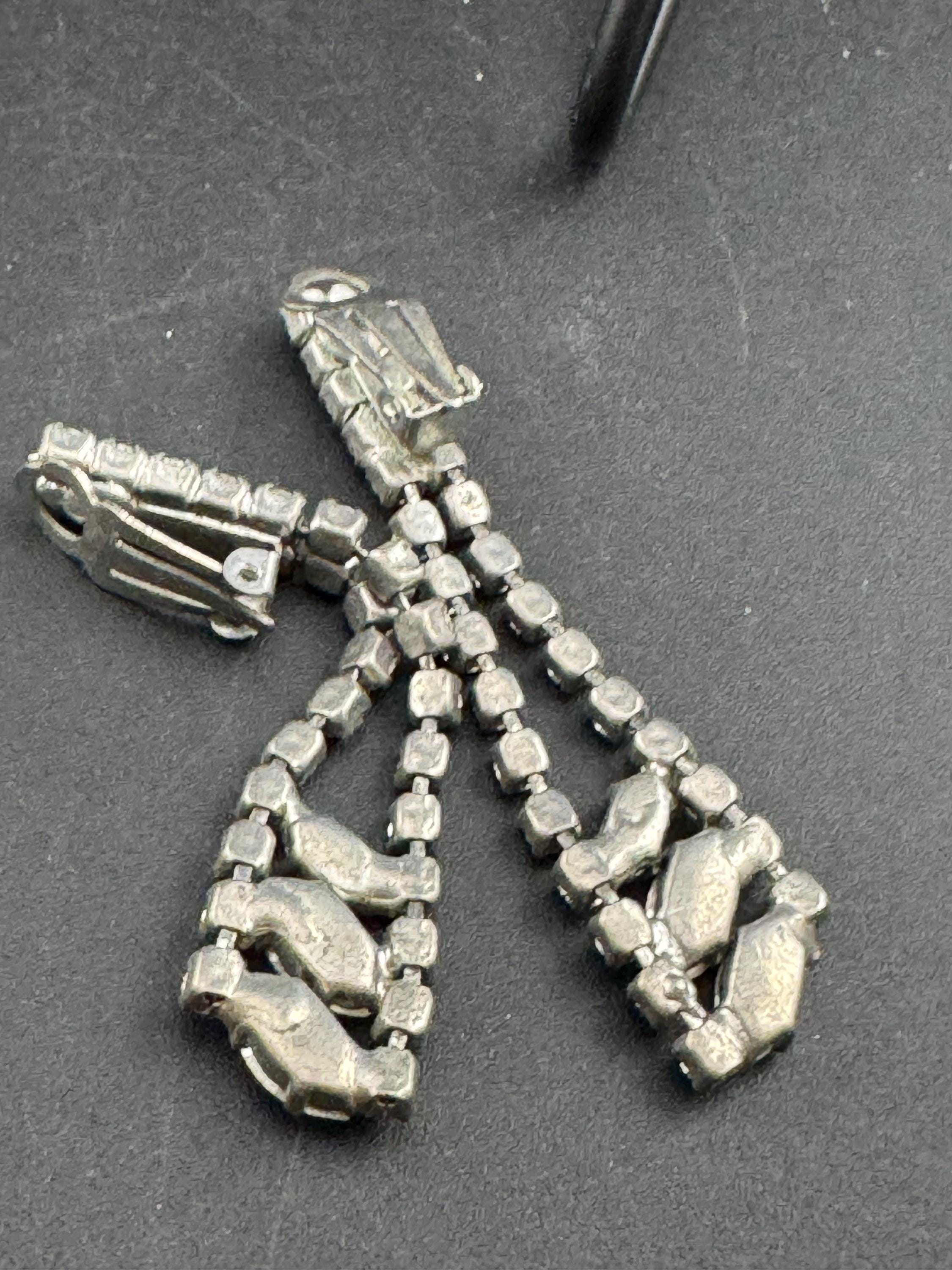 Vintage Rhinestone long Drop Clip on Earrings, 6cm silver tone