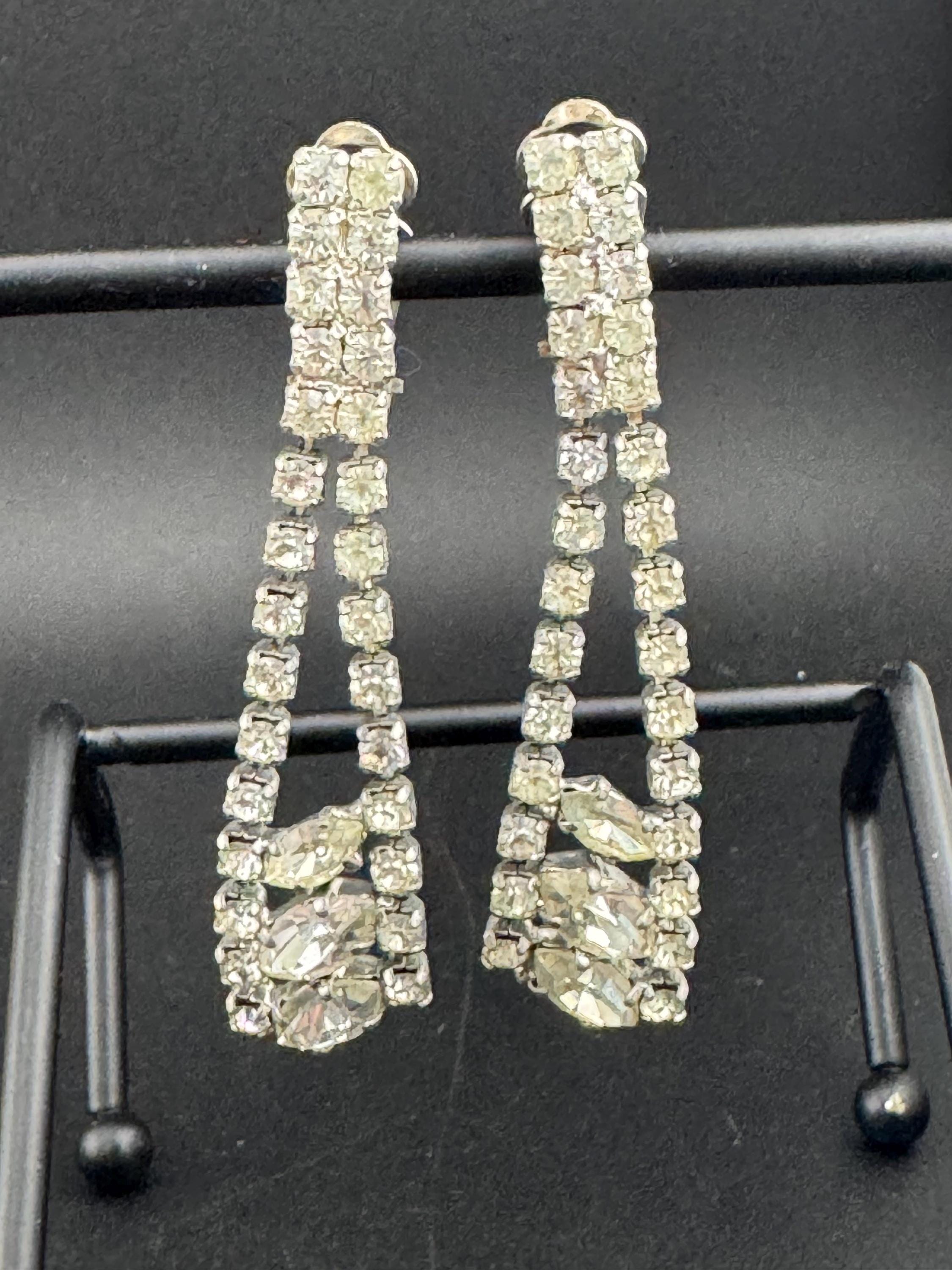 Vintage Rhinestone long Drop Clip on Earrings, 6cm silver tone