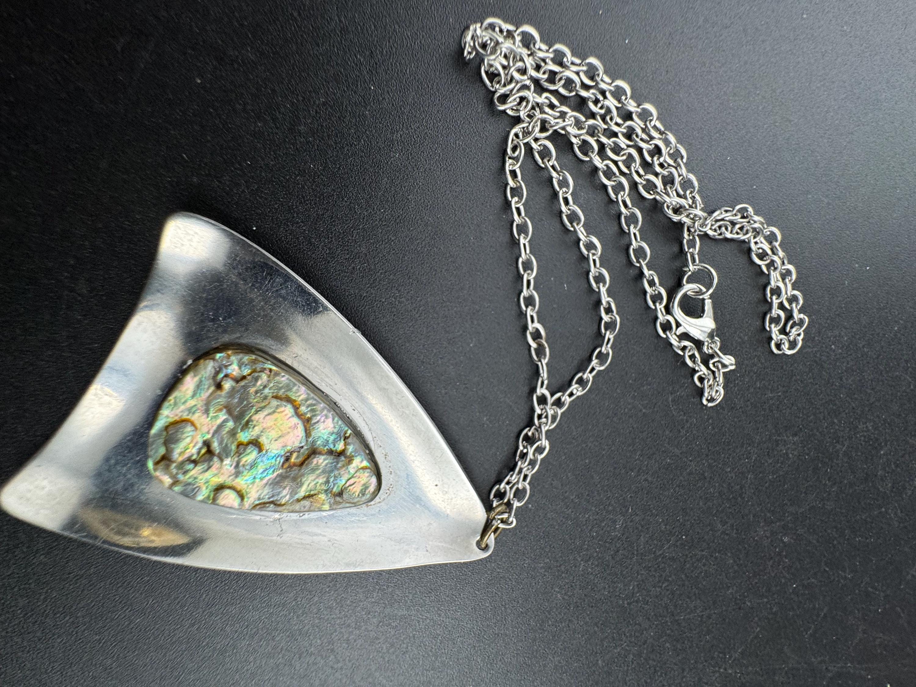 Signed Peak Vintage 1970s stainless steel abalone shell pendant on a 45cm chain