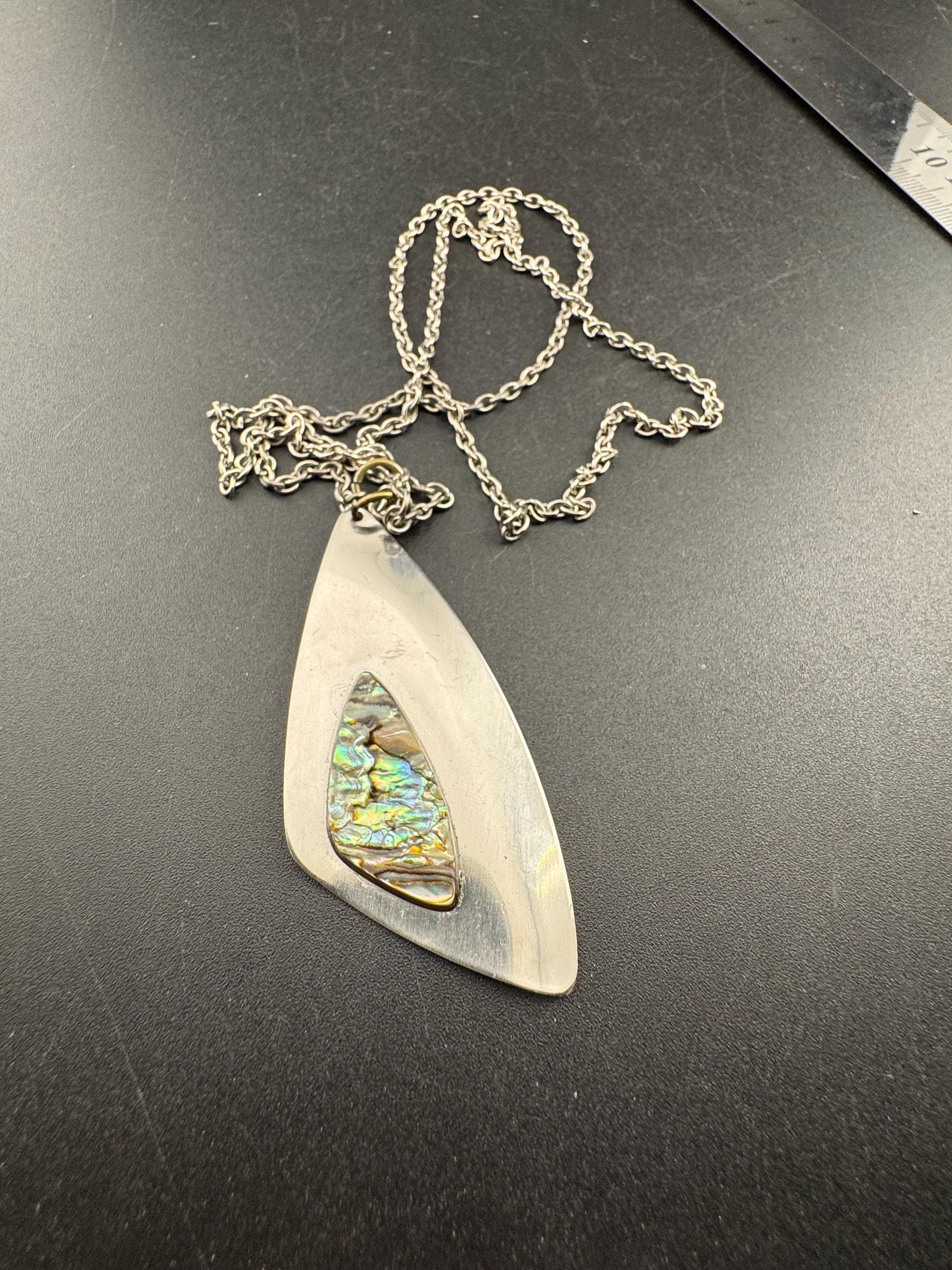 Vintage 1970s stainless steel abalone shell pendant on a 70cm chain