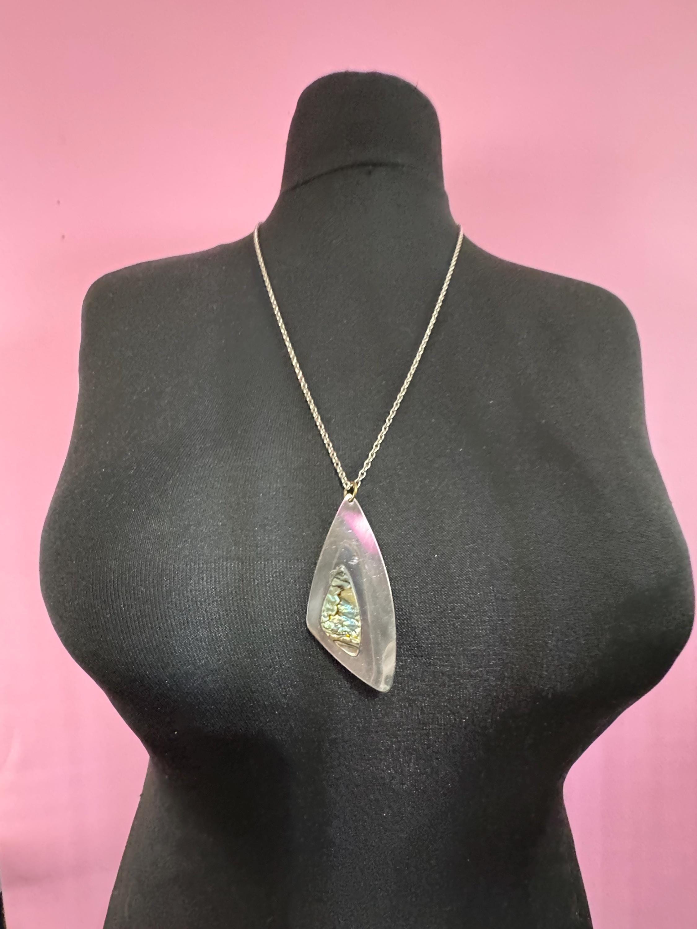 Vintage 1970s stainless steel abalone shell pendant on a 70cm chain
