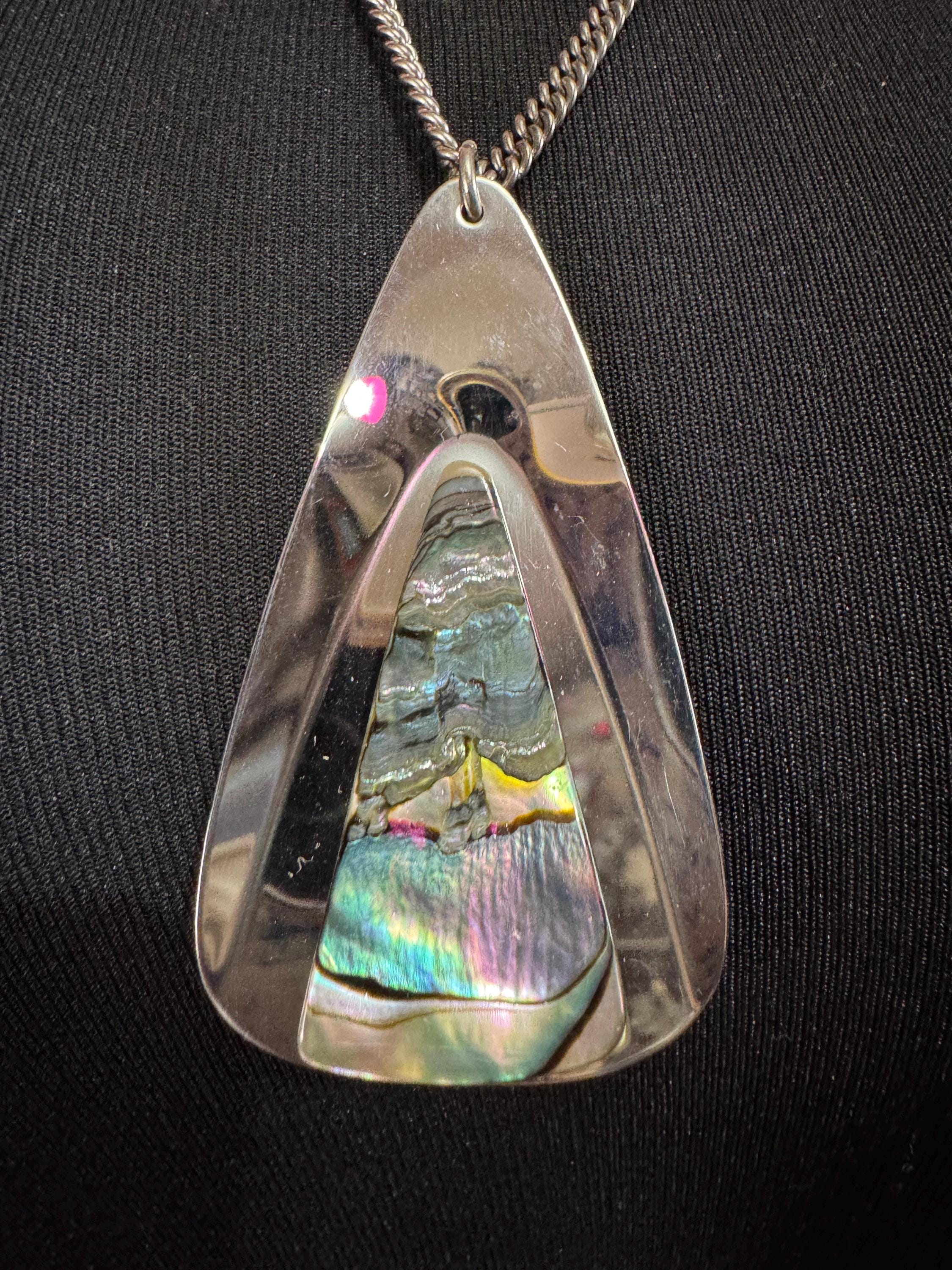 Vintage 1970s stainless steel abalone shell triangular pendant on a 70cm chain