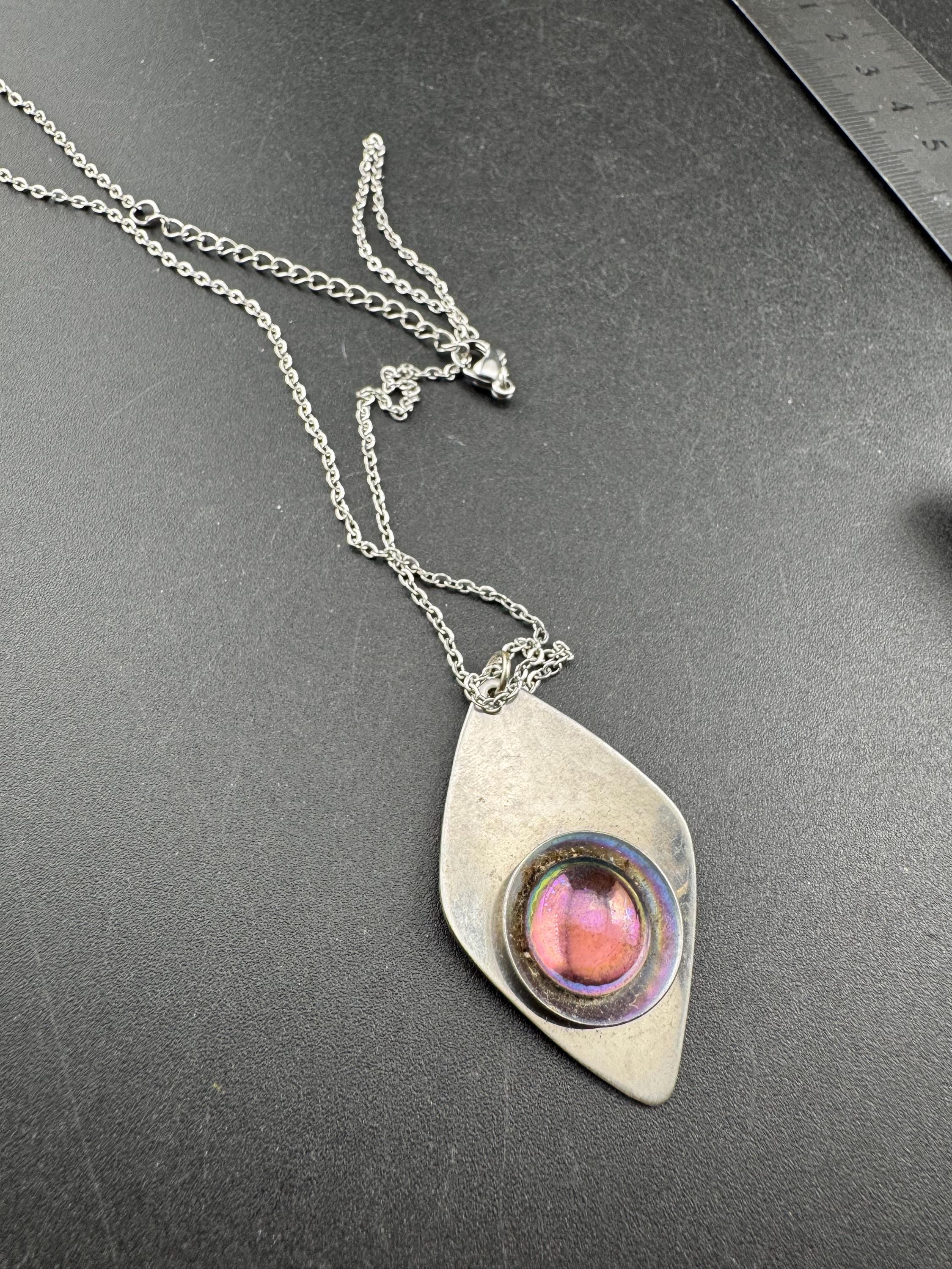 stainless steel pink glass cabochon pendant necklace, Vintage 1970s