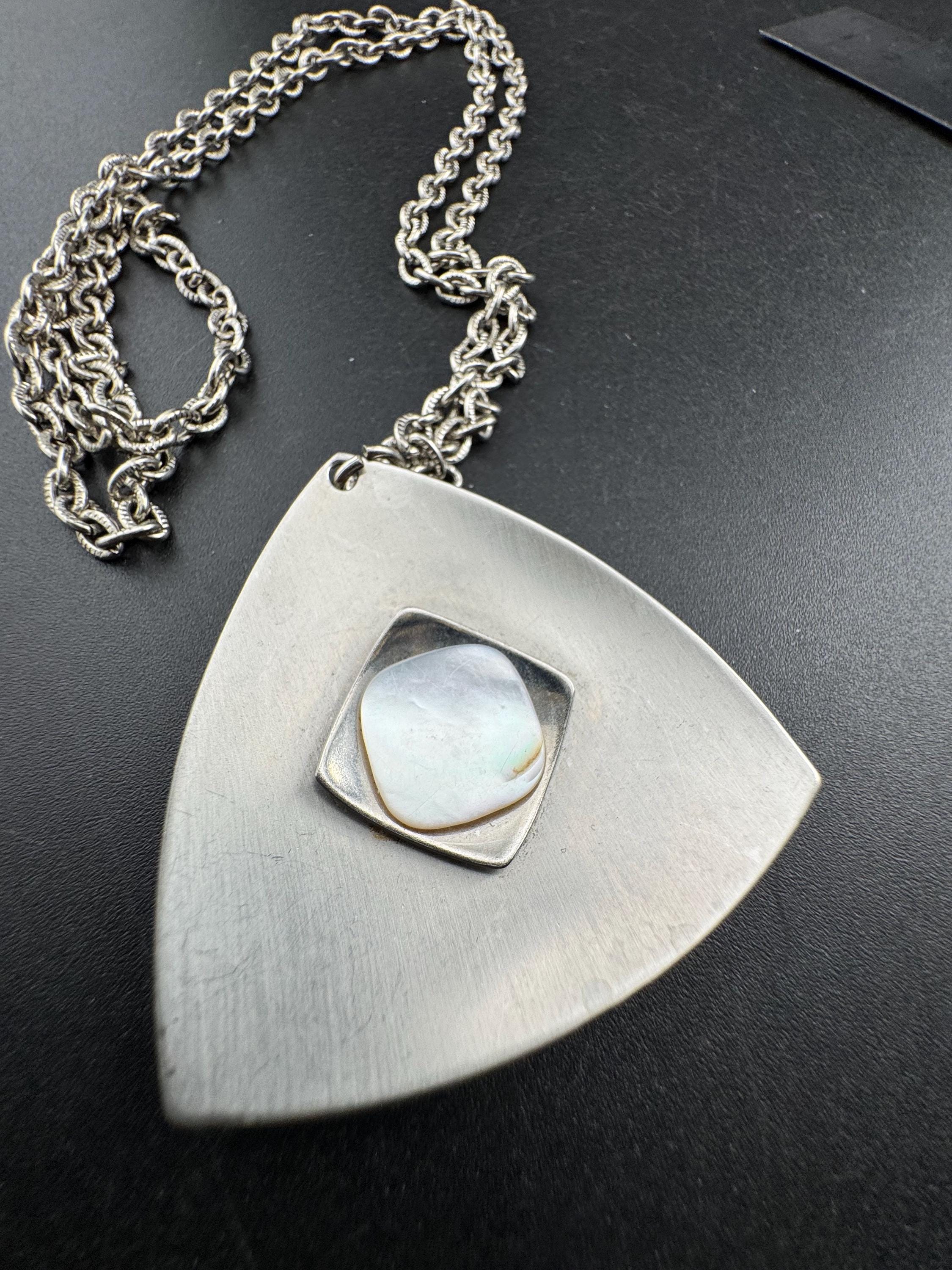 stainless steel pink glass cabochon pendant necklace, Vintage 1970s triangular