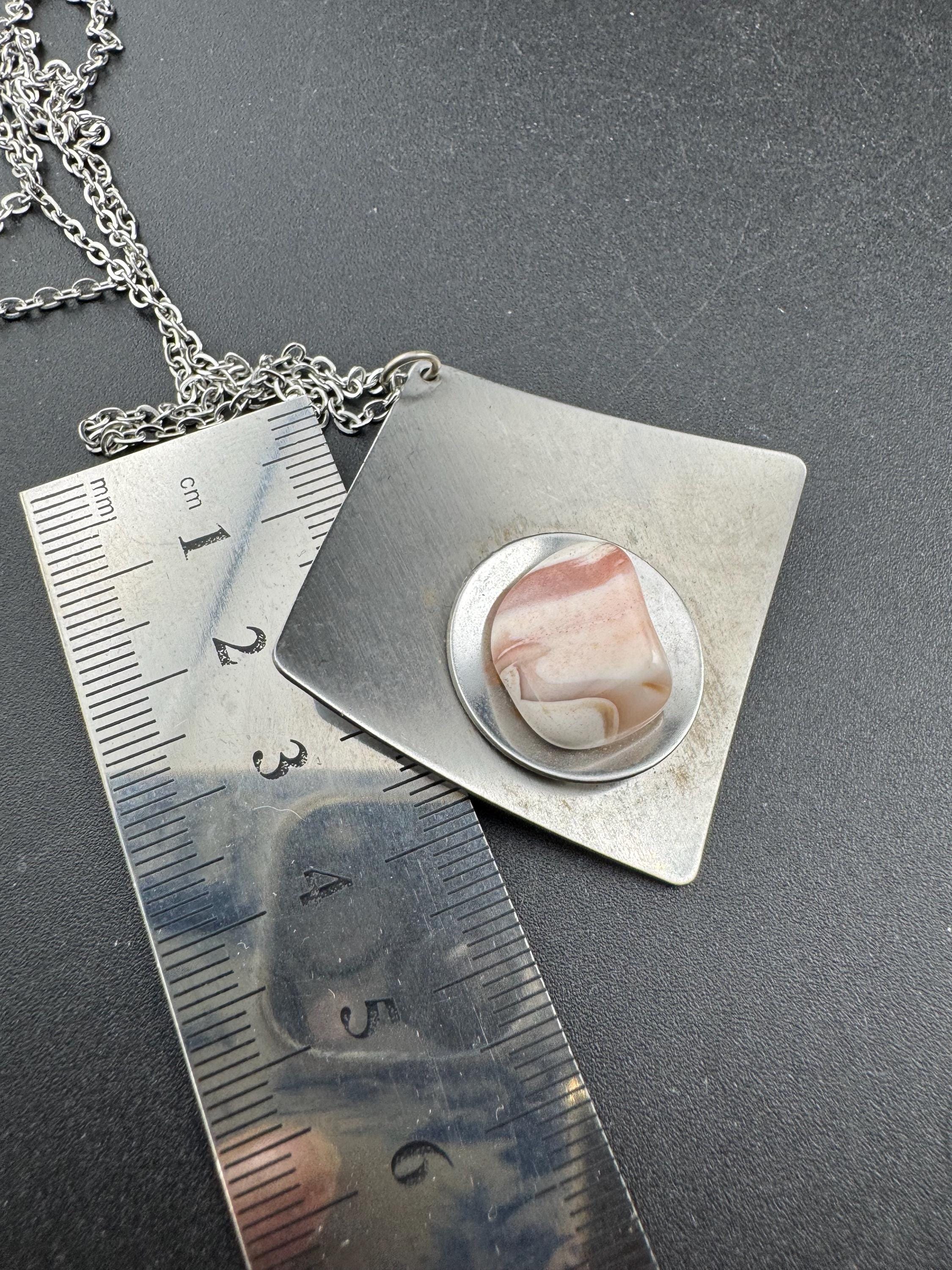 stainless steel pink gemstone cabochon pendant necklace, Vintage 1970s