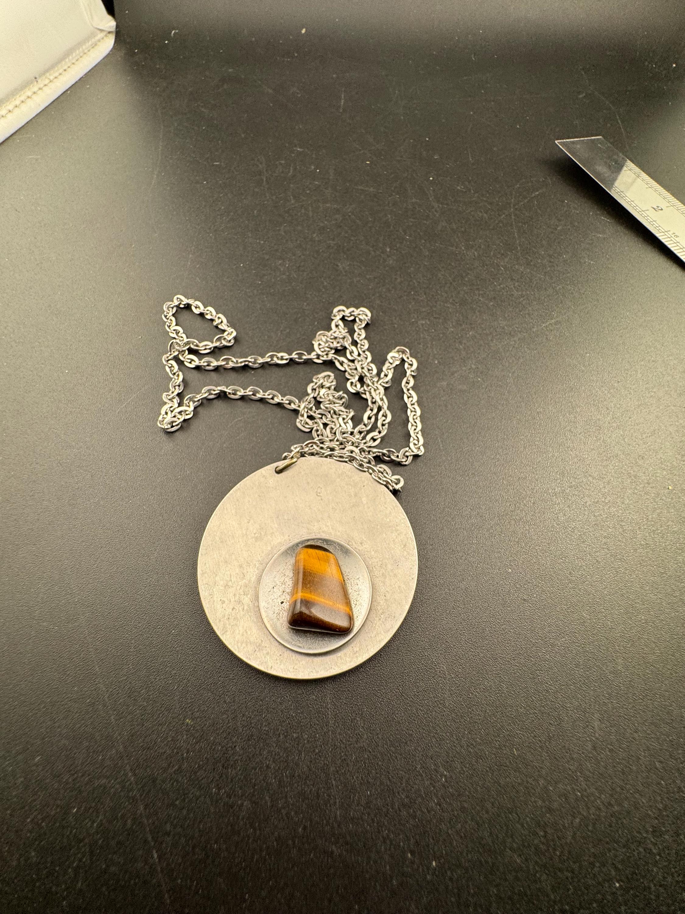 stainless steel tigerseye gemstone brown pendant necklace, Vintage 1970s