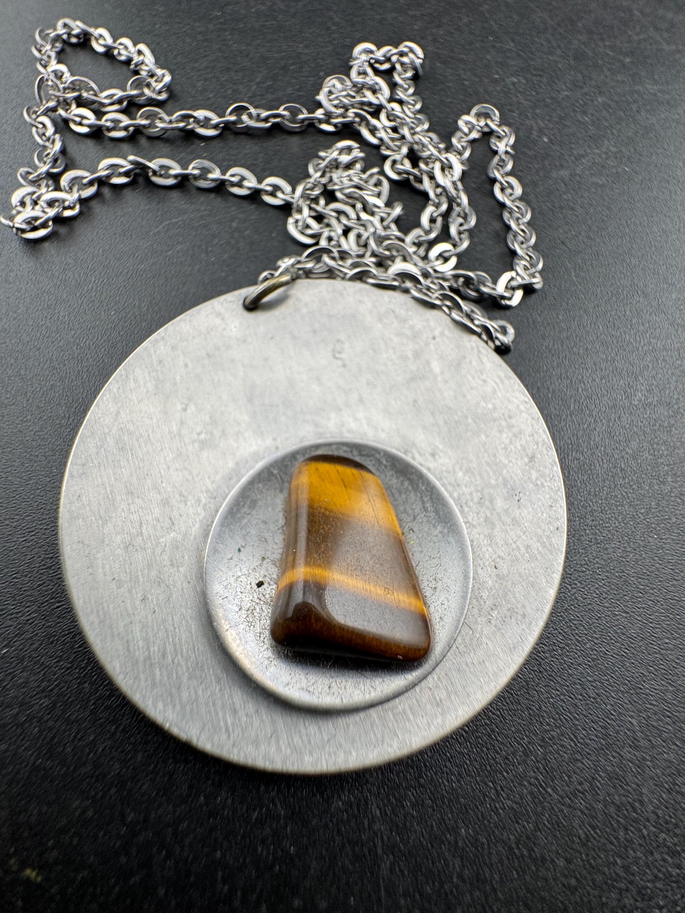 stainless steel tigerseye gemstone brown pendant necklace, Vintage 1970s
