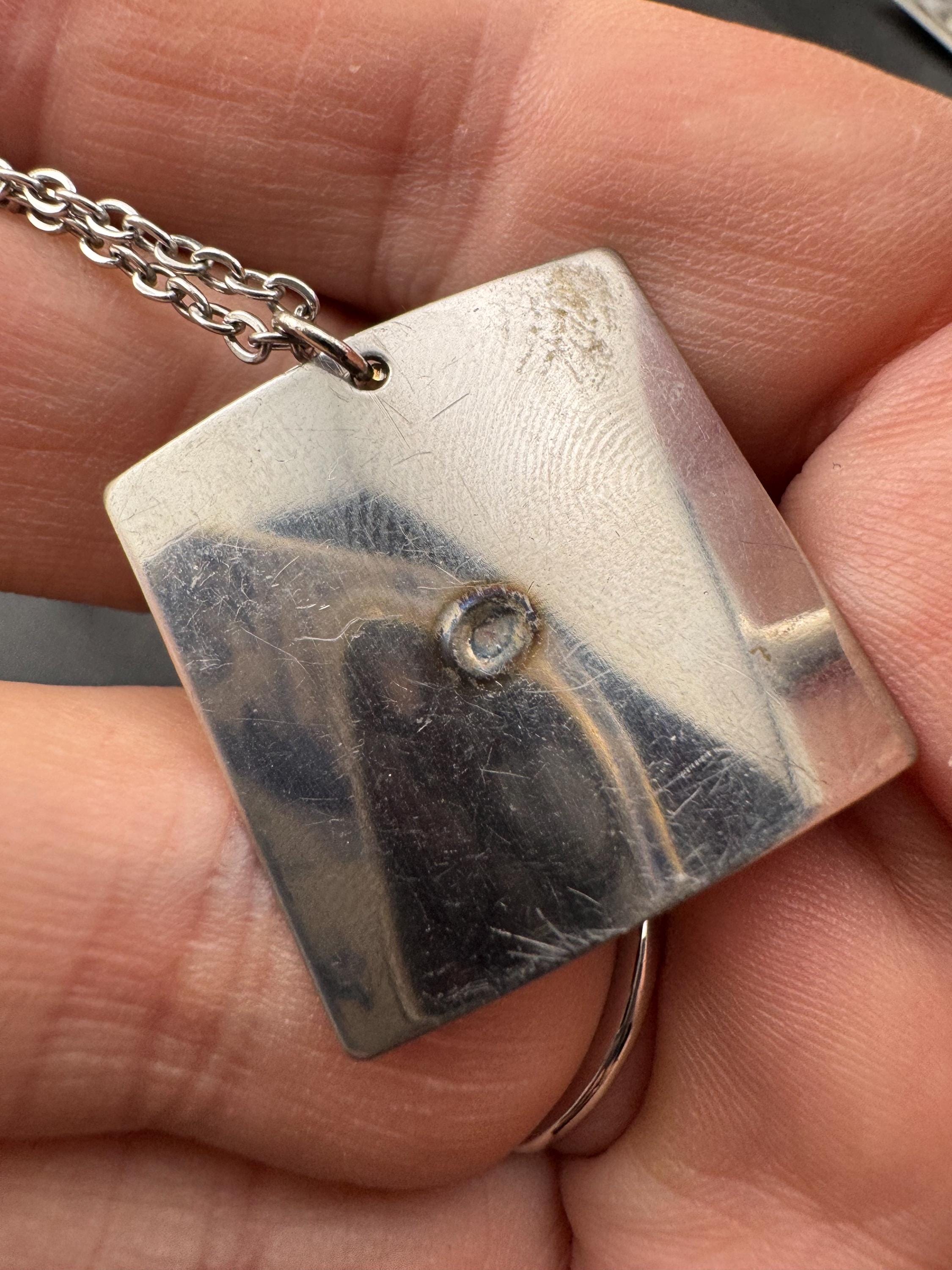 Signed stainless steel amber glass cabochon pendant necklace, Vintage 1970s