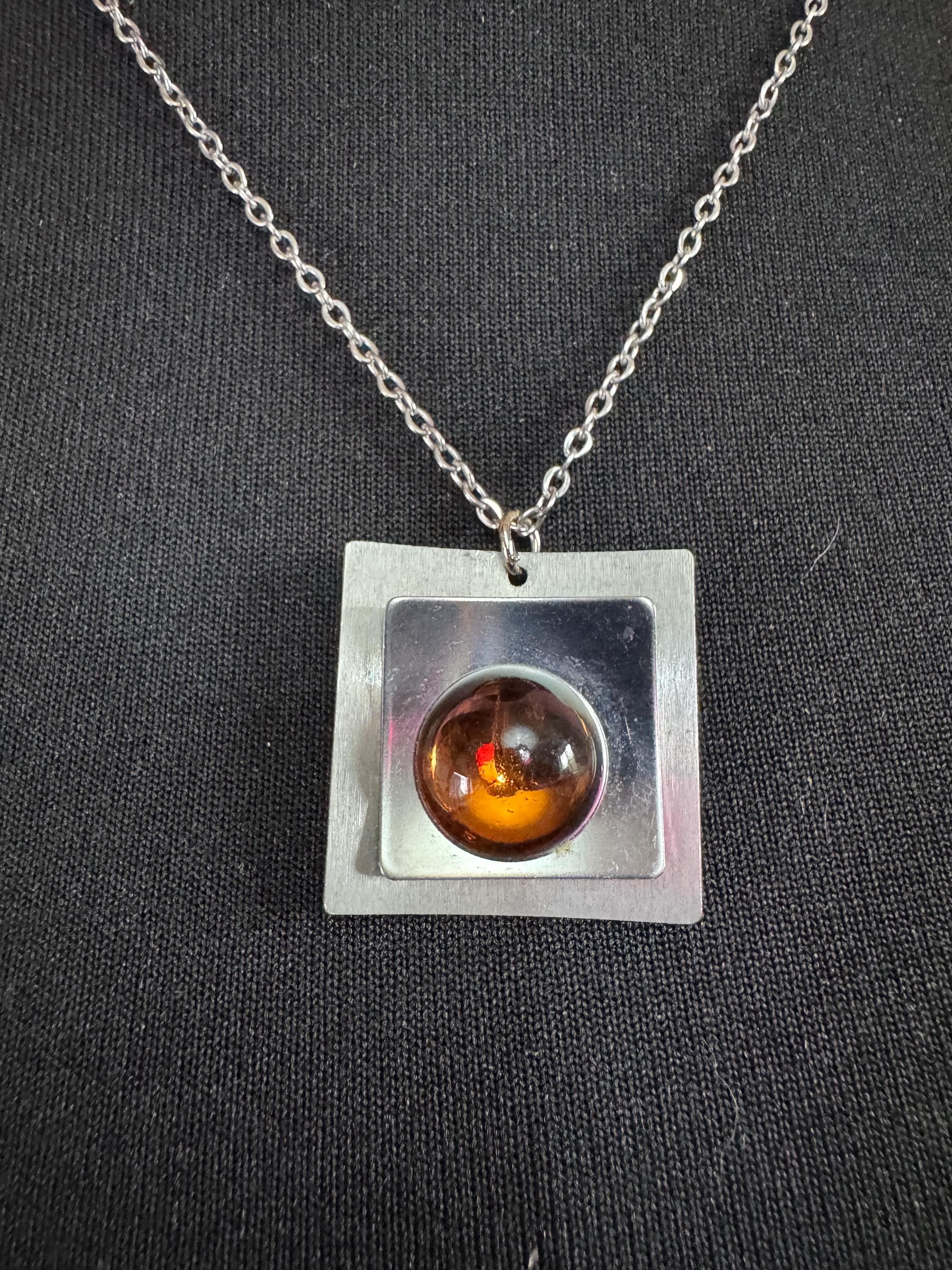 Signed stainless steel amber glass cabochon pendant necklace, Vintage 1970s