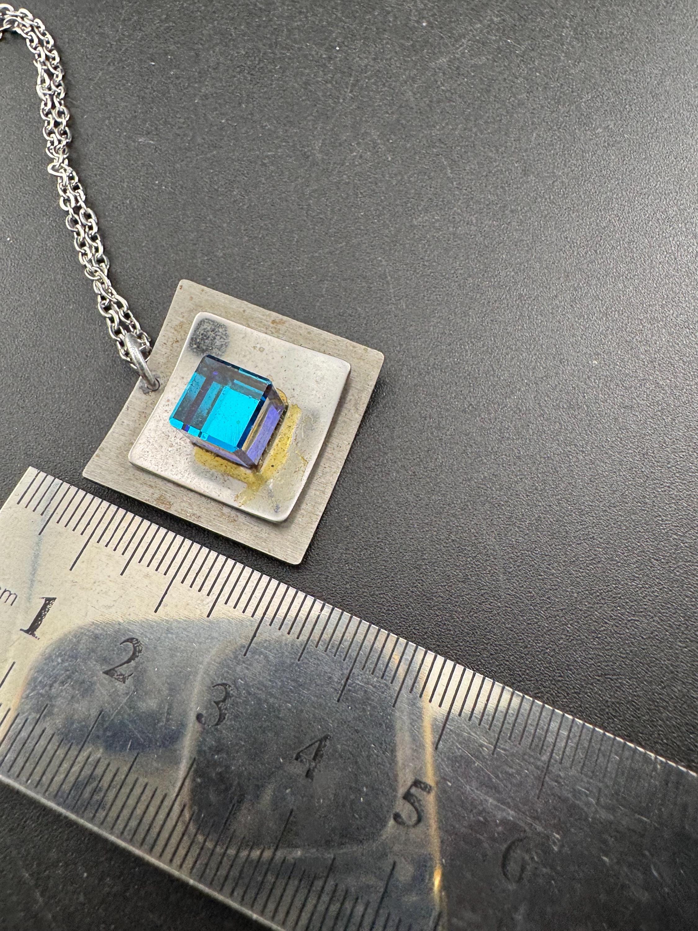Signed stainless steel blue cube glass pendant necklace, Vintage 1970s