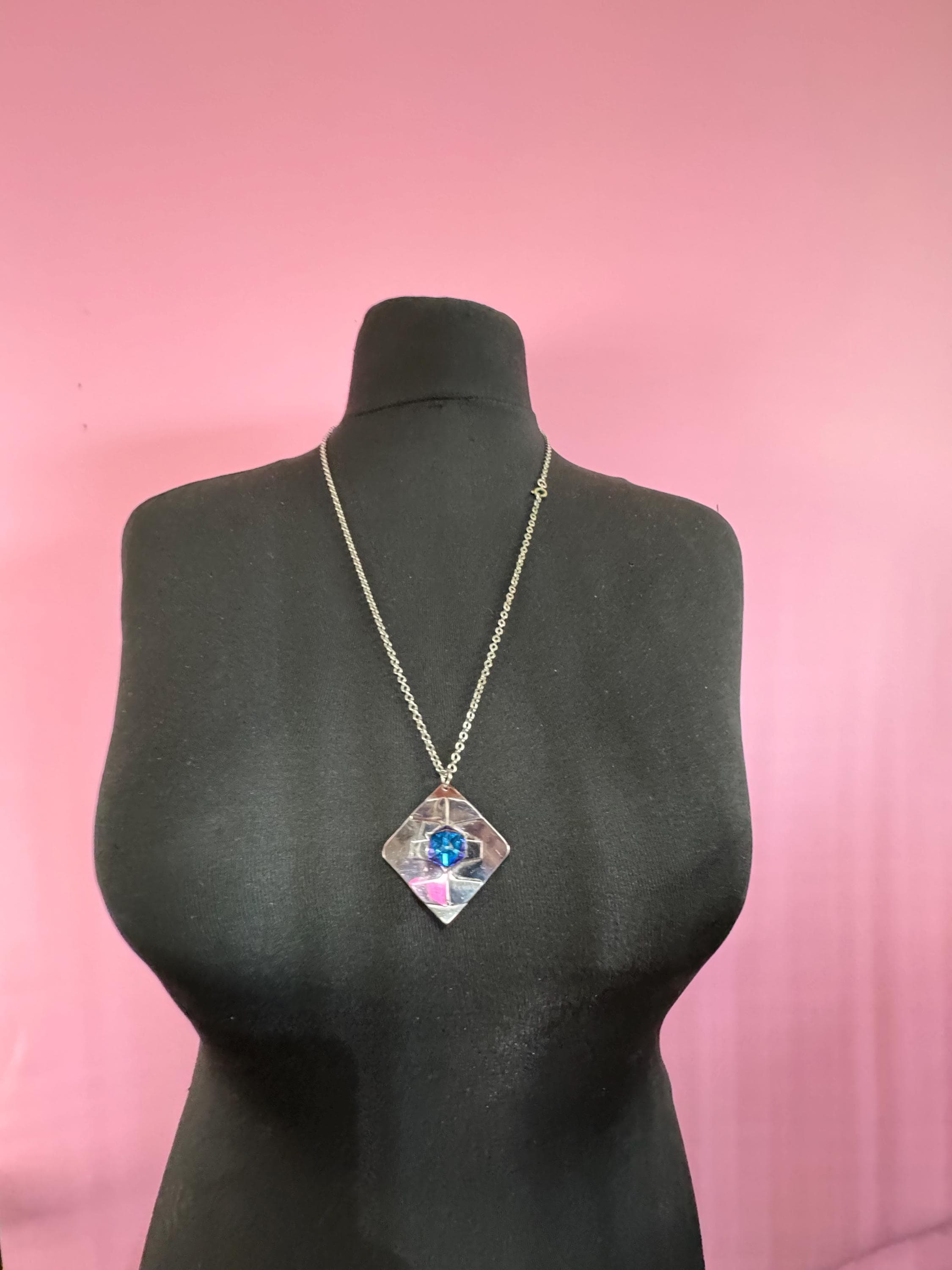Signed stainless steel blue rainbow cube glass pendant necklace, Vintage 1970s