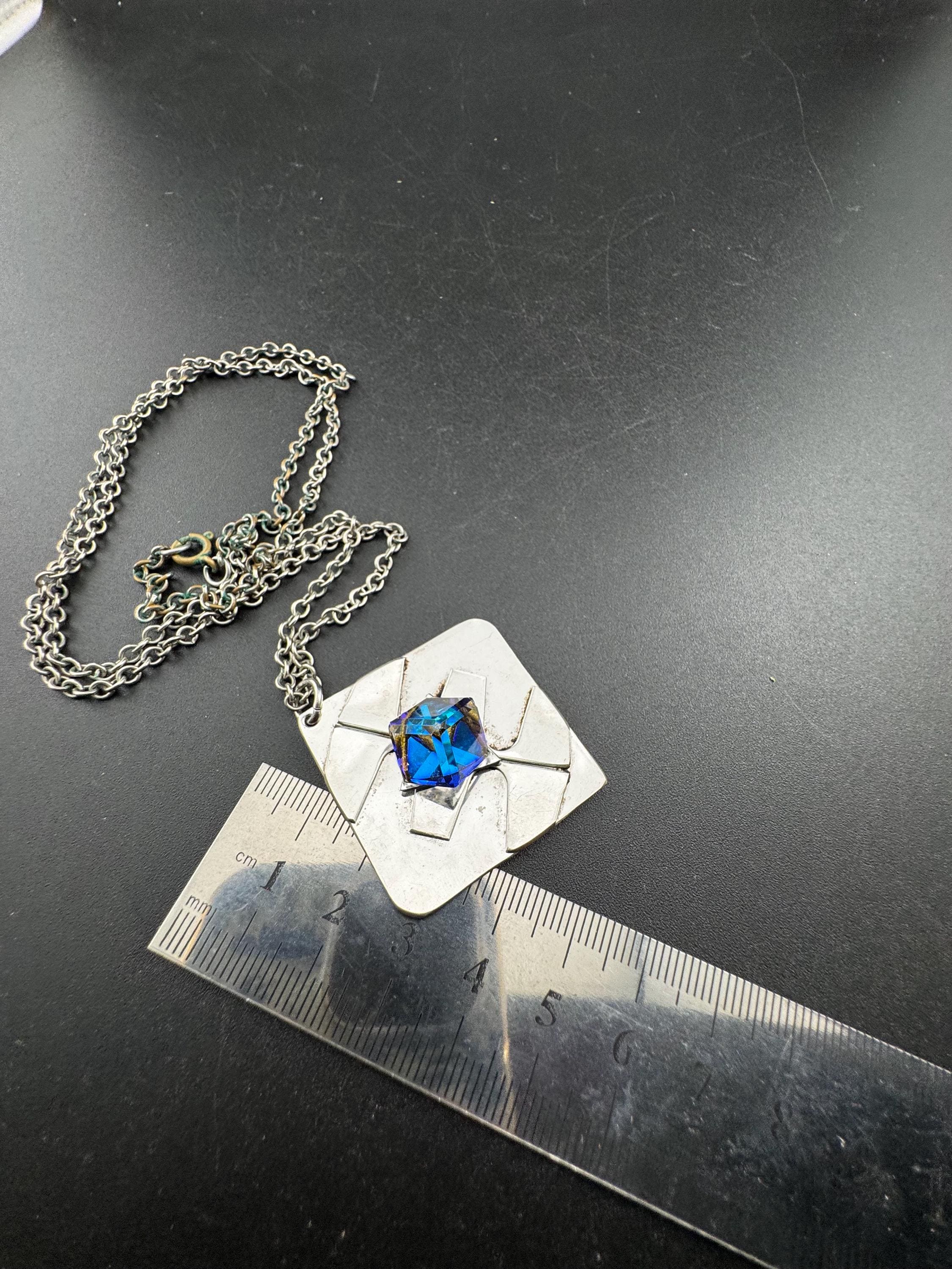 Signed stainless steel blue rainbow cube glass pendant necklace, Vintage 1970s
