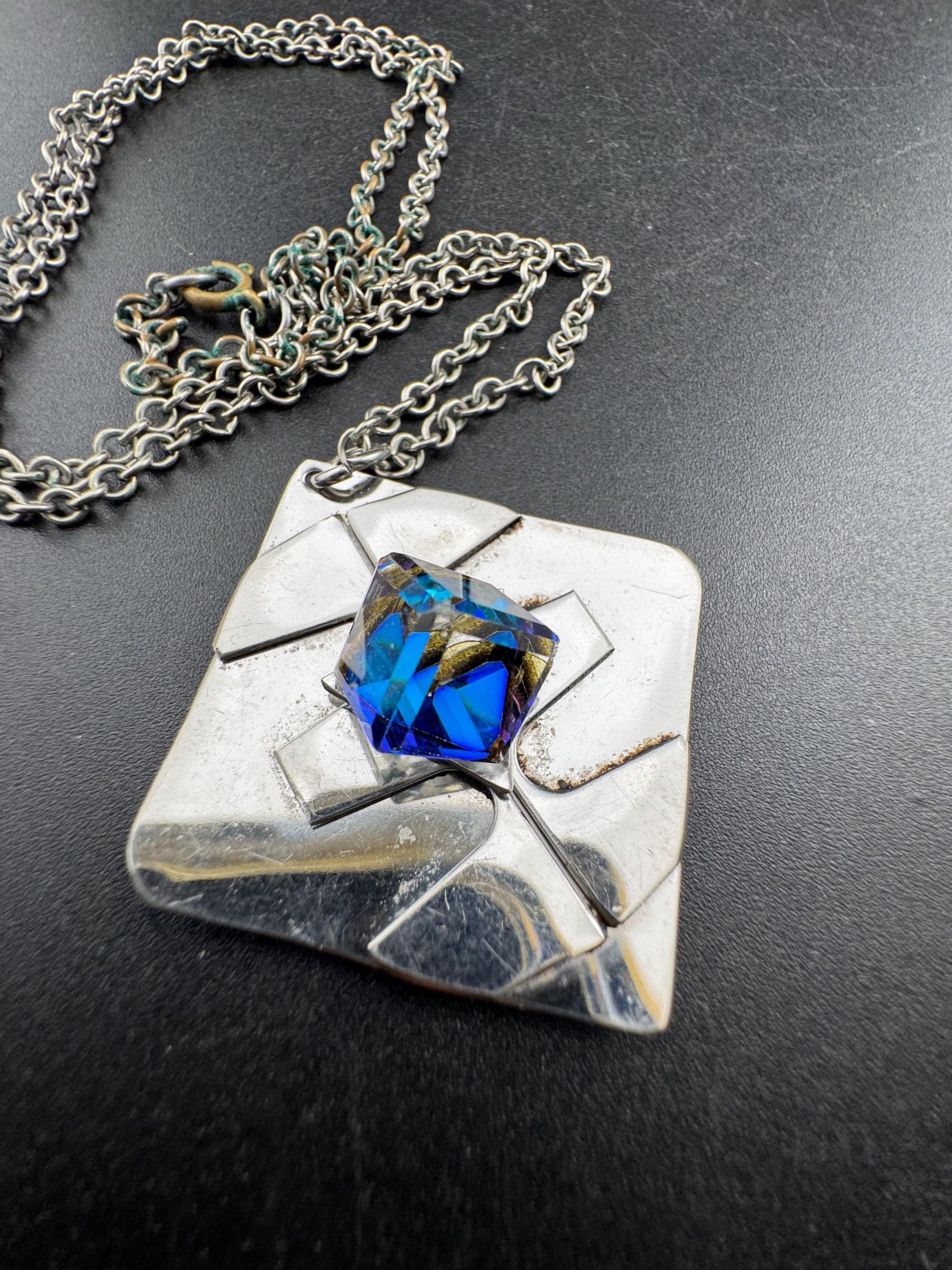 Signed stainless steel blue rainbow cube glass pendant necklace, Vintage 1970s