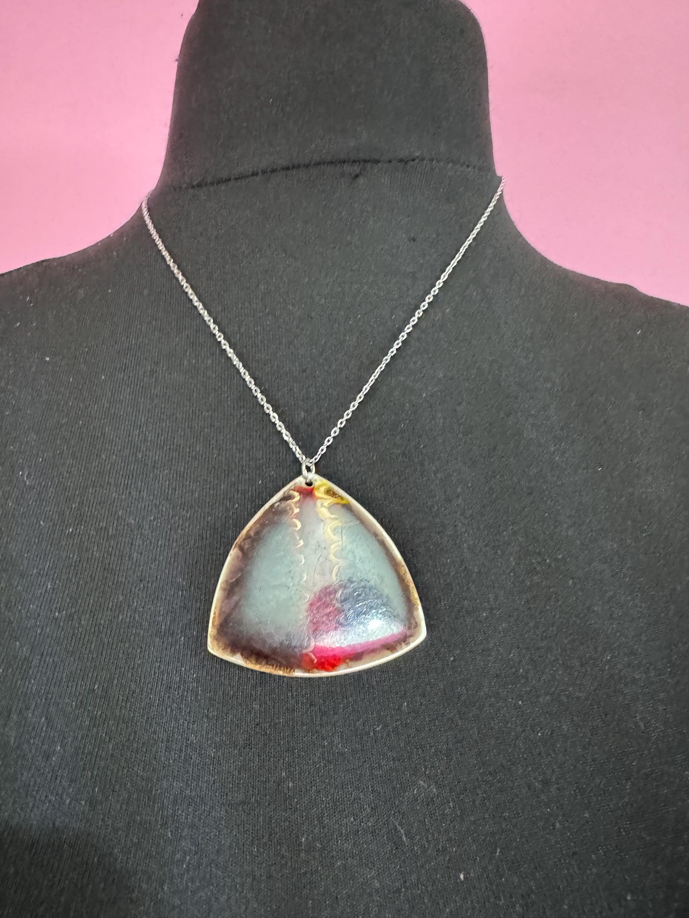 Signed Sheffield stainless brown enamel pendant necklace, Vintage 1970s