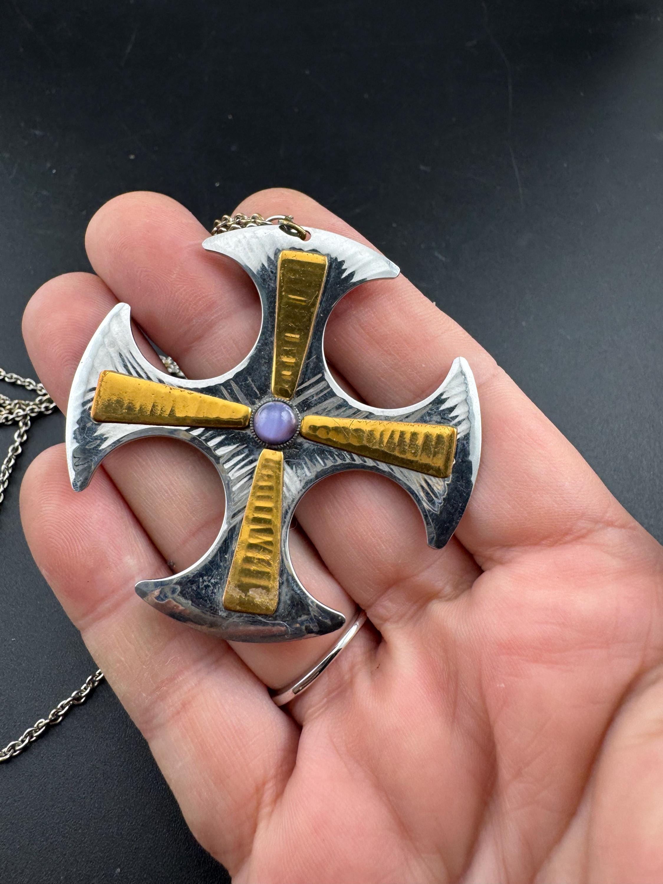 Signed MODA Maltese cross stainless steel purple gemstone pendant necklace 1970s