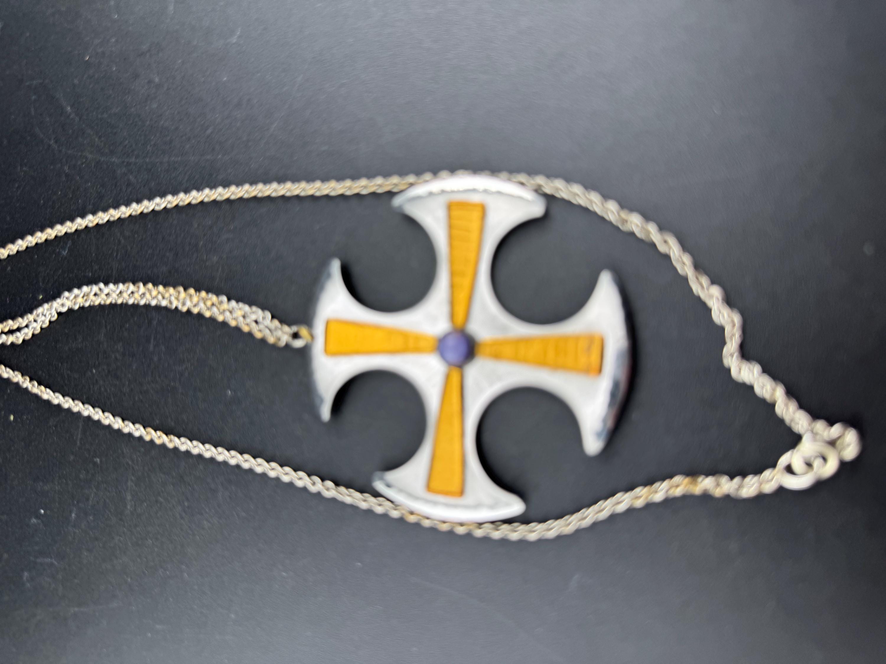 Signed MODA Maltese cross stainless steel purple gemstone pendant necklace 1970s